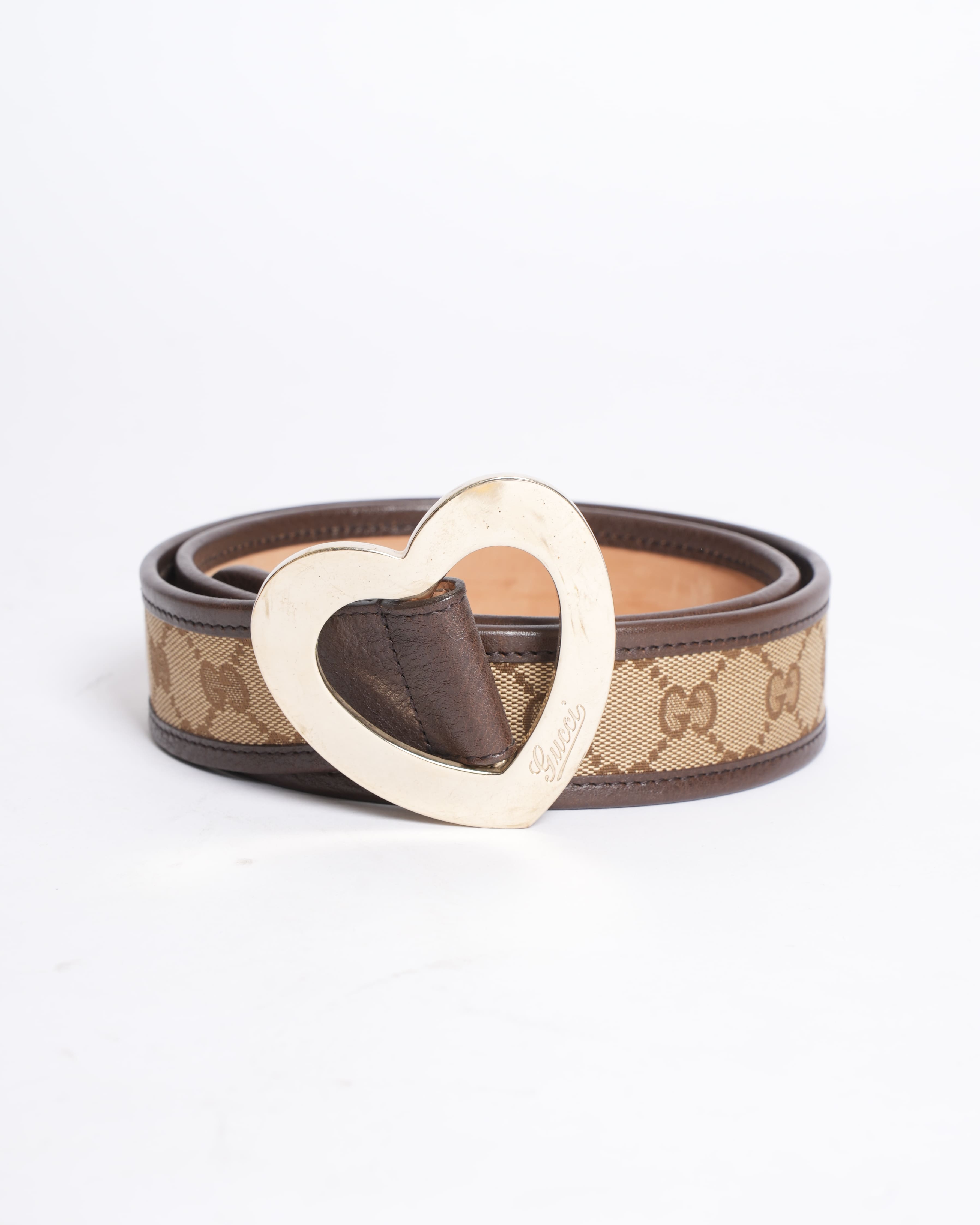 Gucci Beige GG Canvas and Leather Heart Buckle Belt