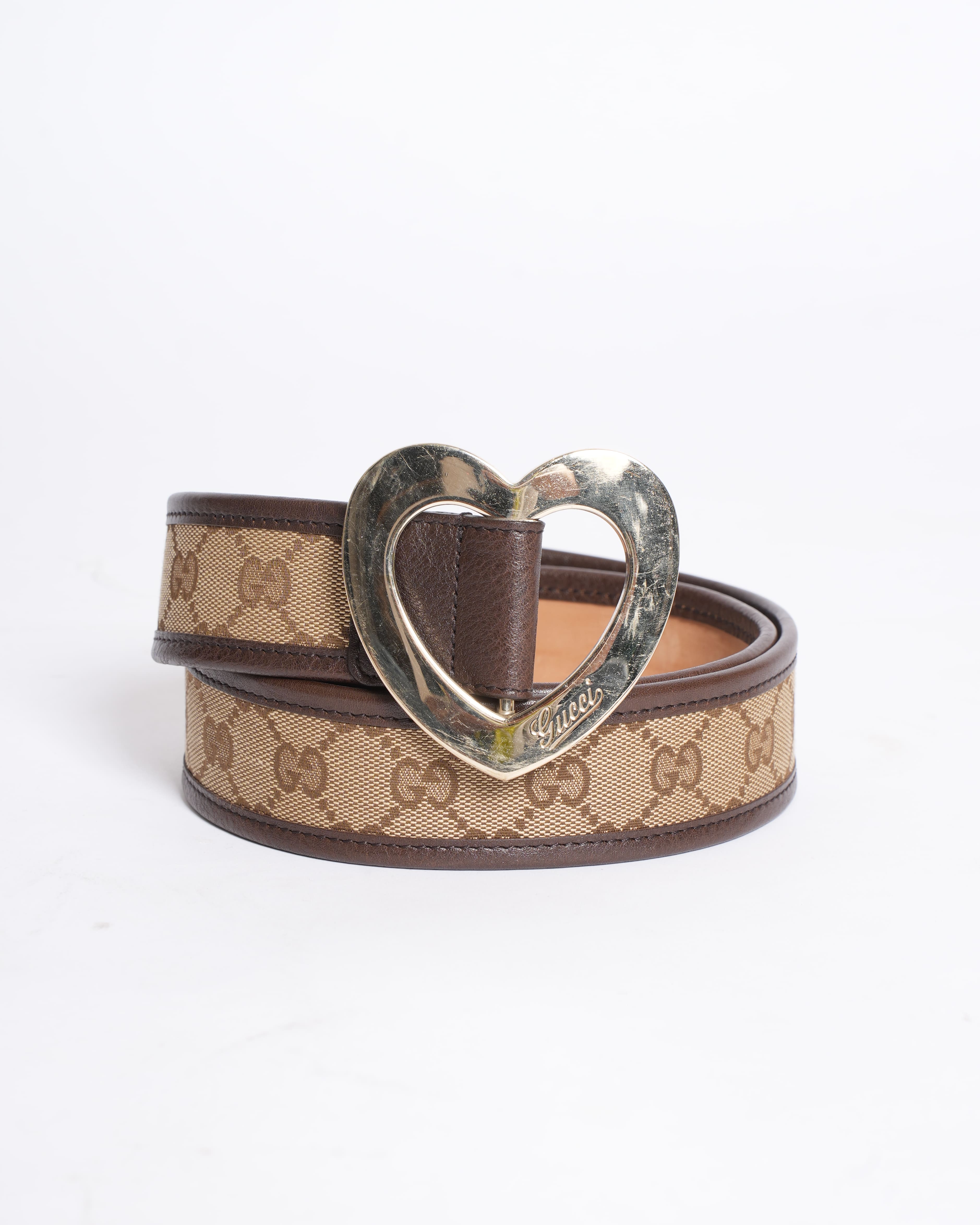 Gucci Beige GG Canvas and Leather Heart Buckle Belt