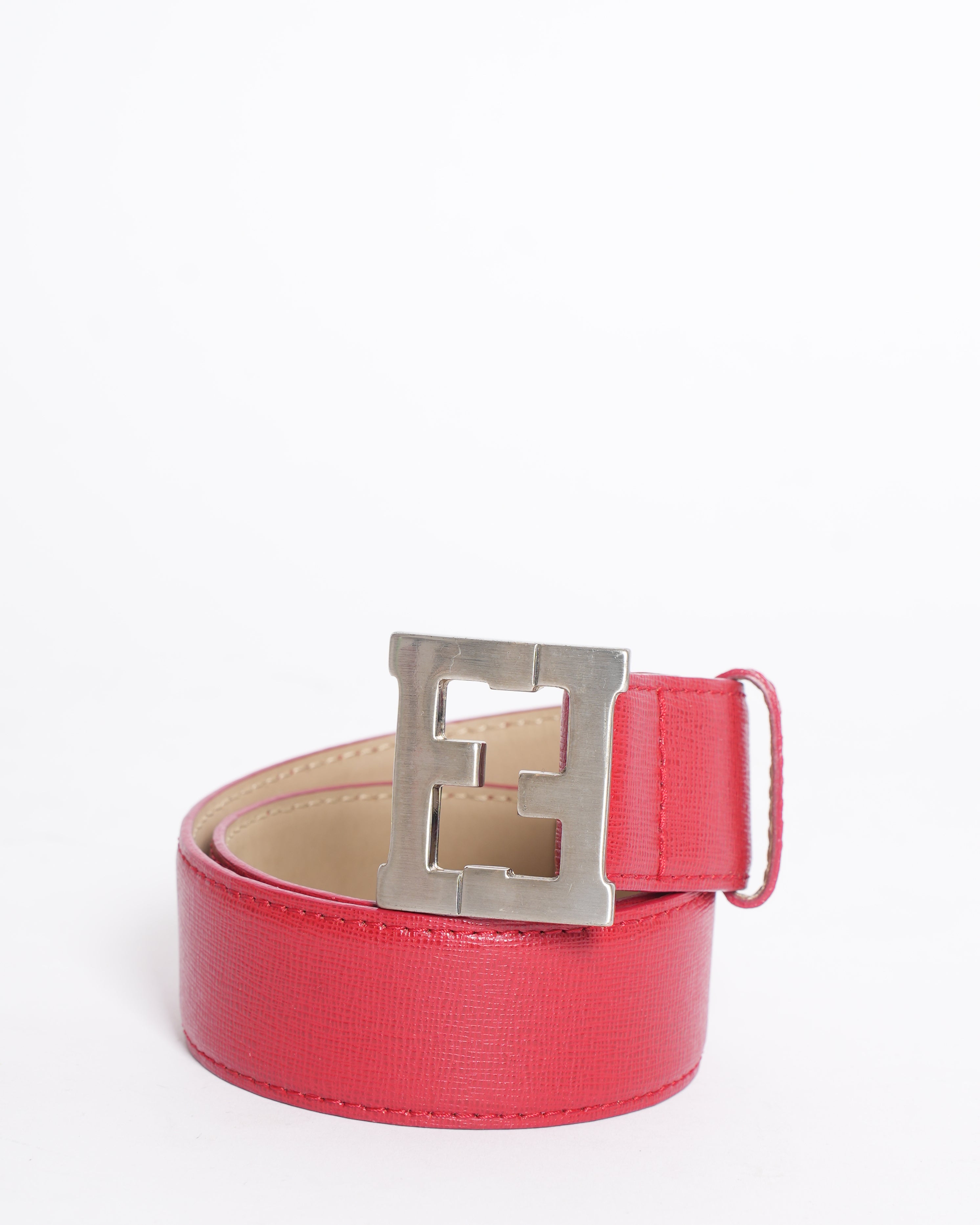 Fendi Kids Logo Silver Buckle Belt in Red