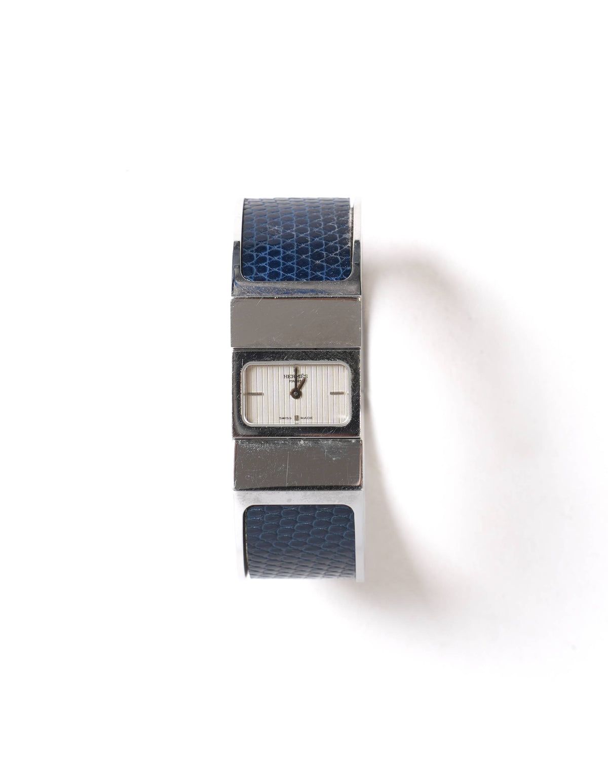 Hermès loquet bangle watch with blue alligator skin strap