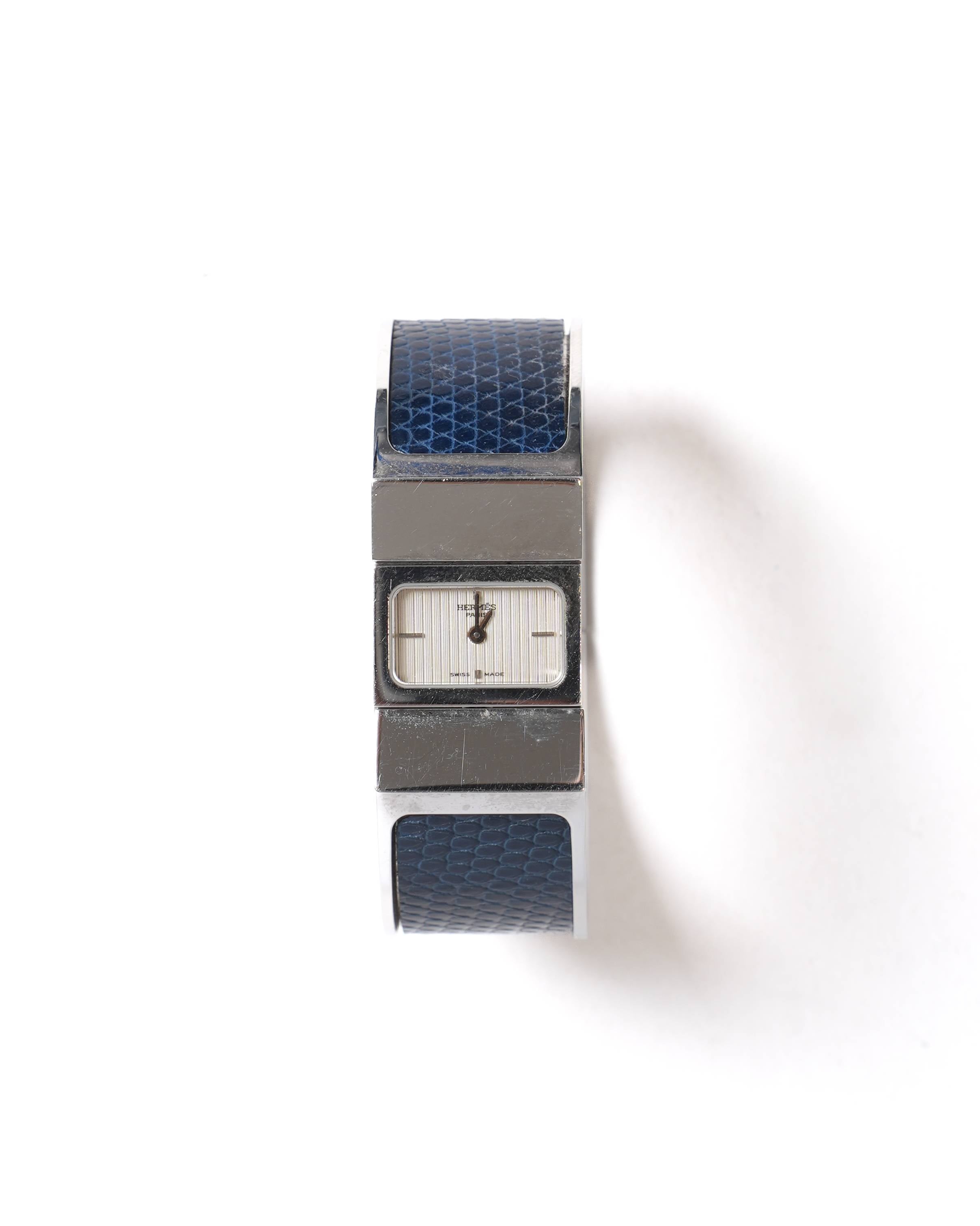 Hermès loquet bangle watch with blue alligator skin strap