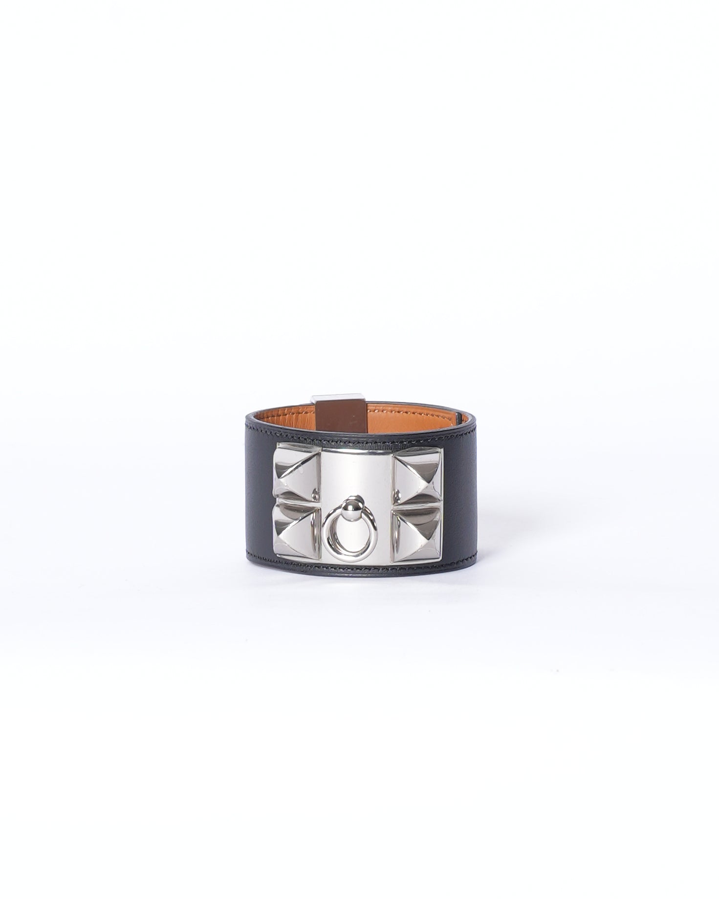 "Hermes Silver  Cuff Black Leather"