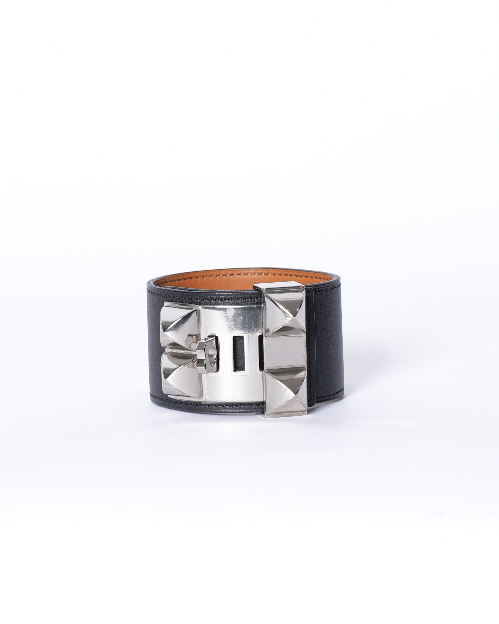 "Hermes Silver  Cuff Black Leather"