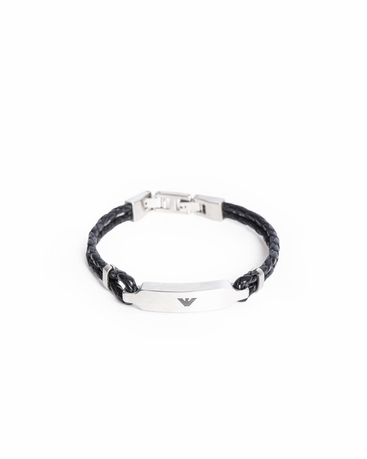 Emporio Armani Men's Black Braided Leather & Steel ID Bracelet