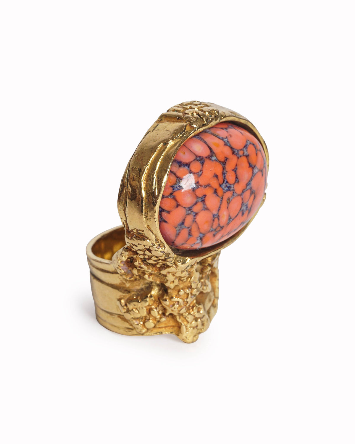 Yves Saint Laurent Gold Arty Ring Orange Crackle Cabochon