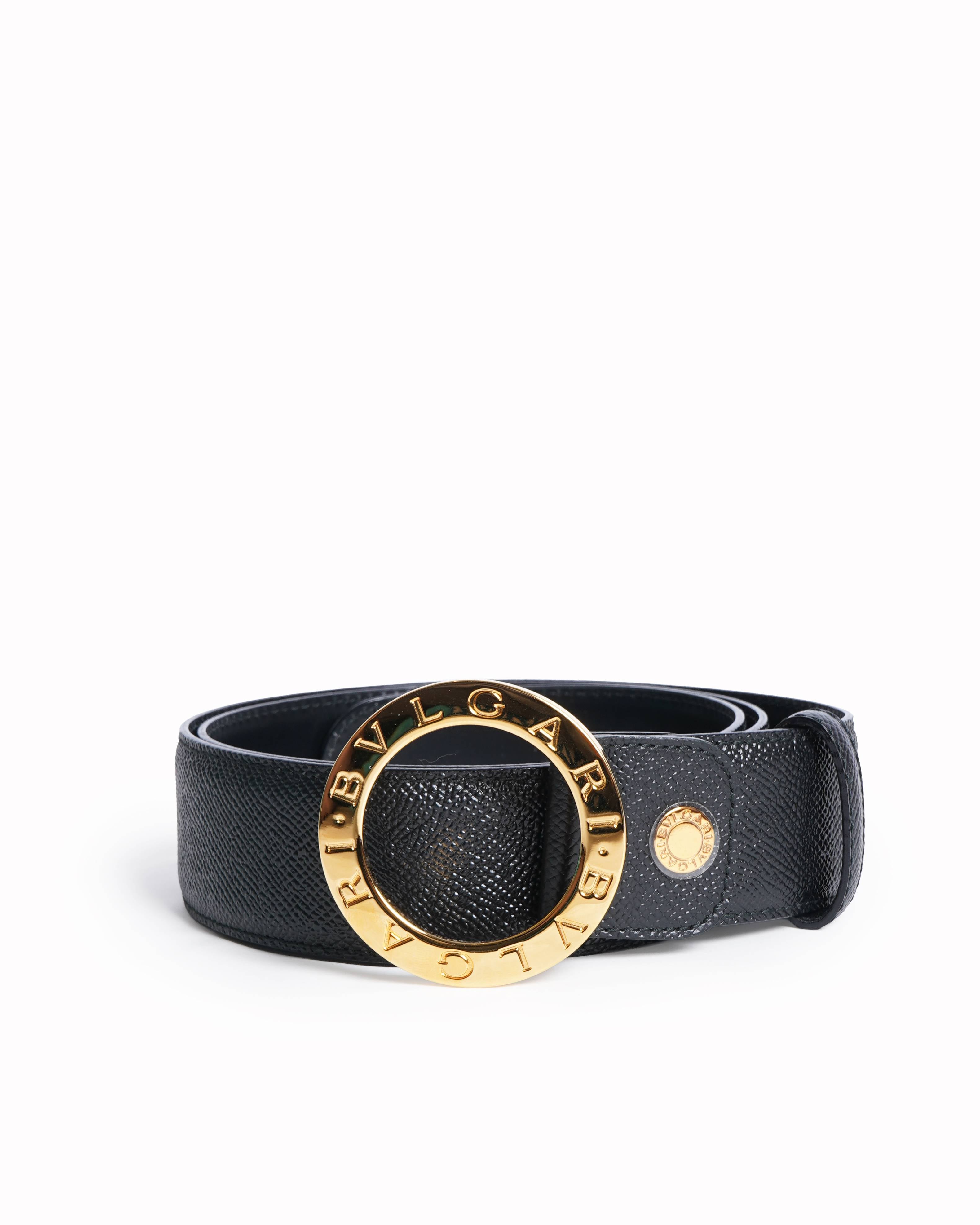 BVLGARI 黒レザー ベルト 115/46 Bvlgari Black Grain Leather Belt | Authentic Pre-loved My Almari
