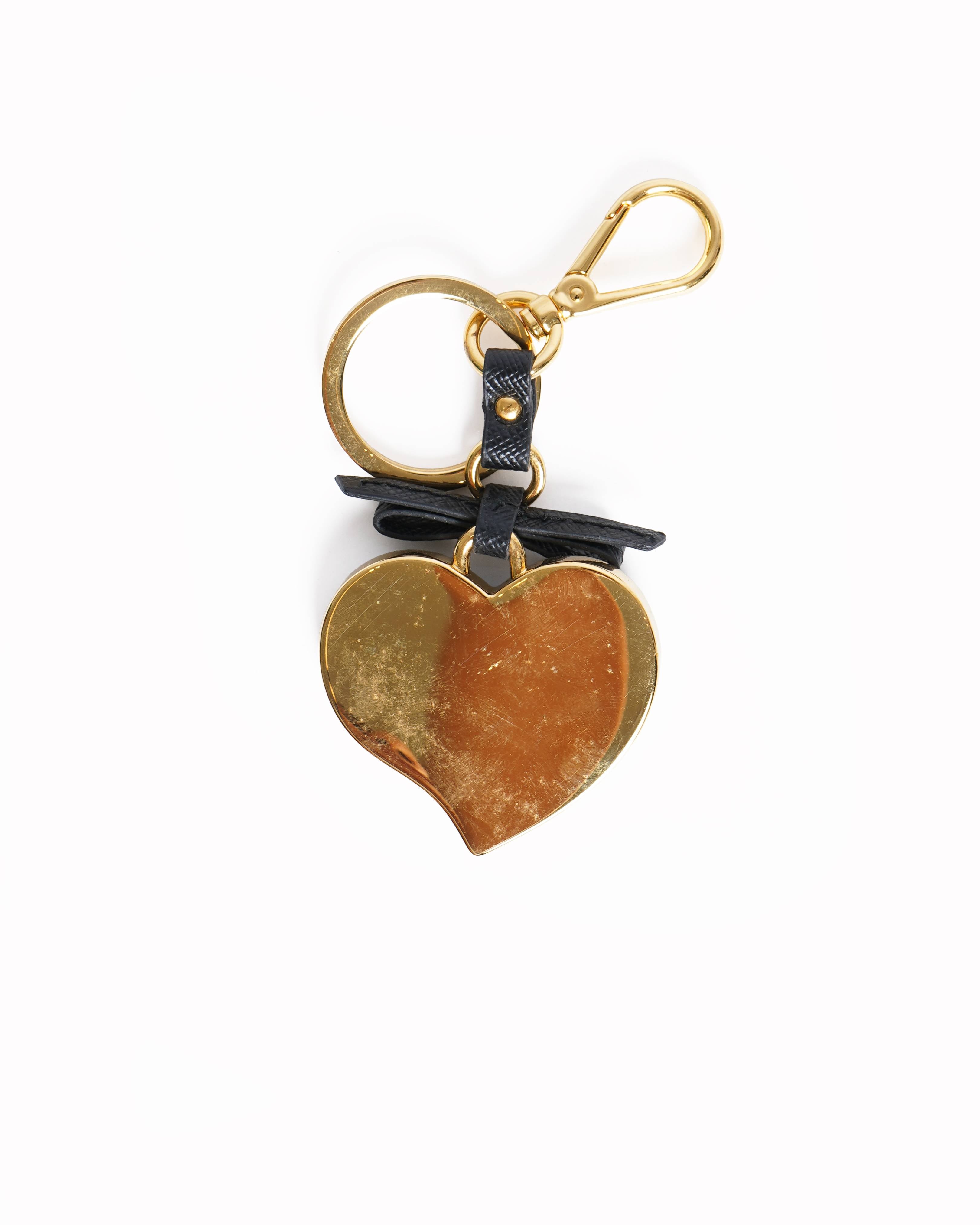 Prada black saffiano Leather Gold tone heart key ring