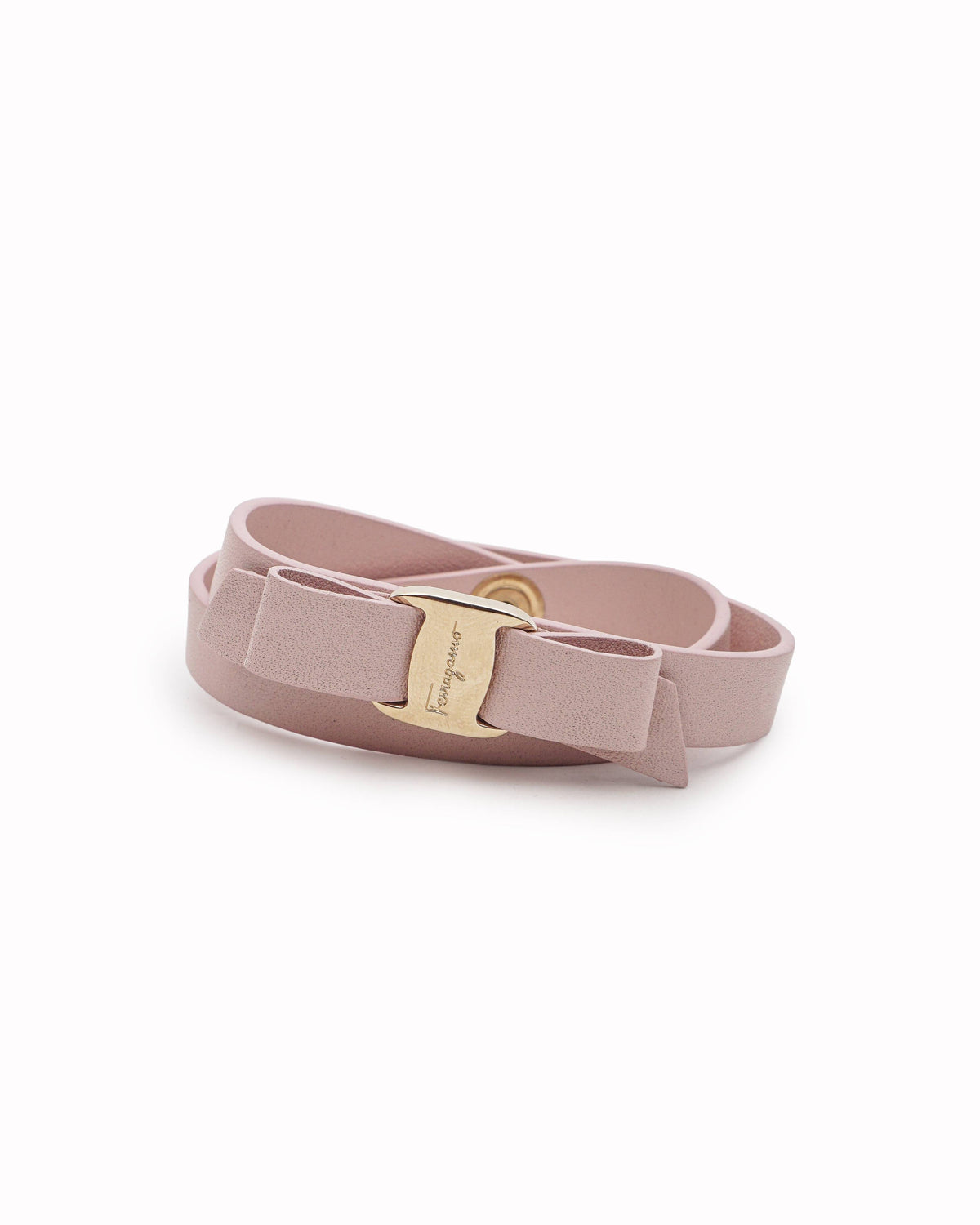 Salvatore Ferragamo Pastel Pink Leather Vara Bow Double Wrap Bracelet