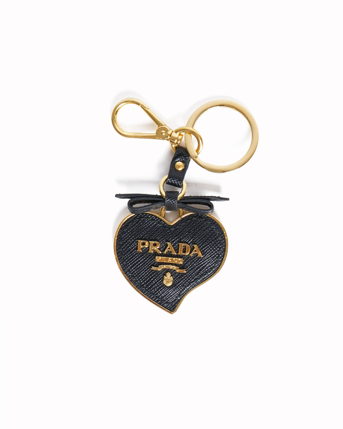 Prada black saffiano Leather Gold tone heart key ring