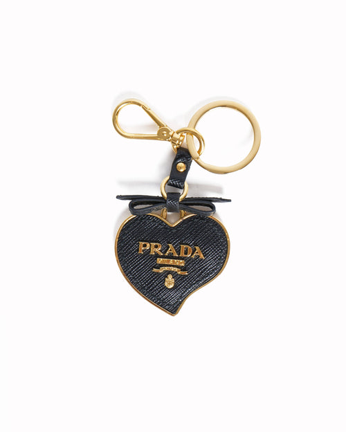 Prada black saffiano Leather Gold tone heart key ring