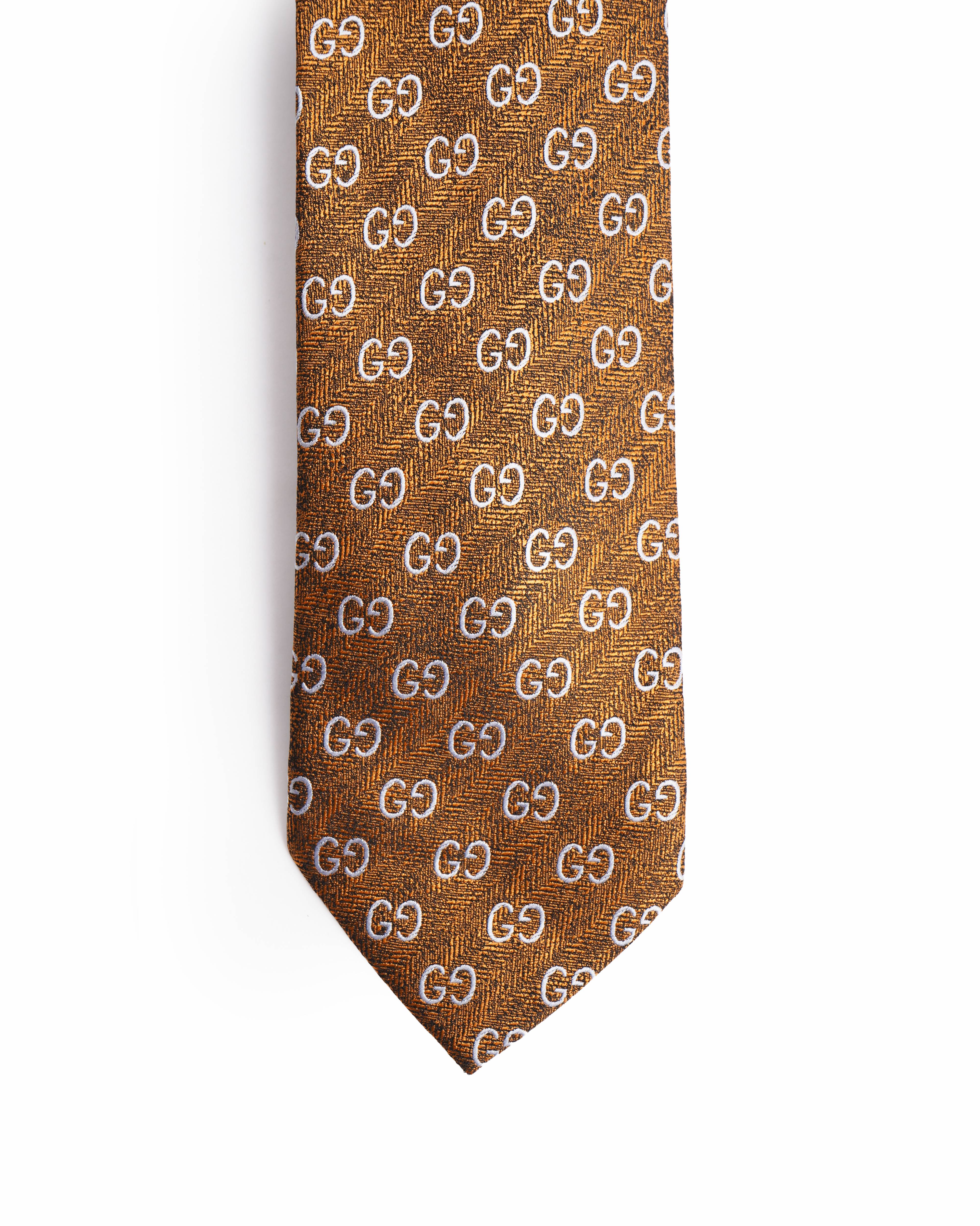 Gucci Gold & White GG Monogram Silk Tie
