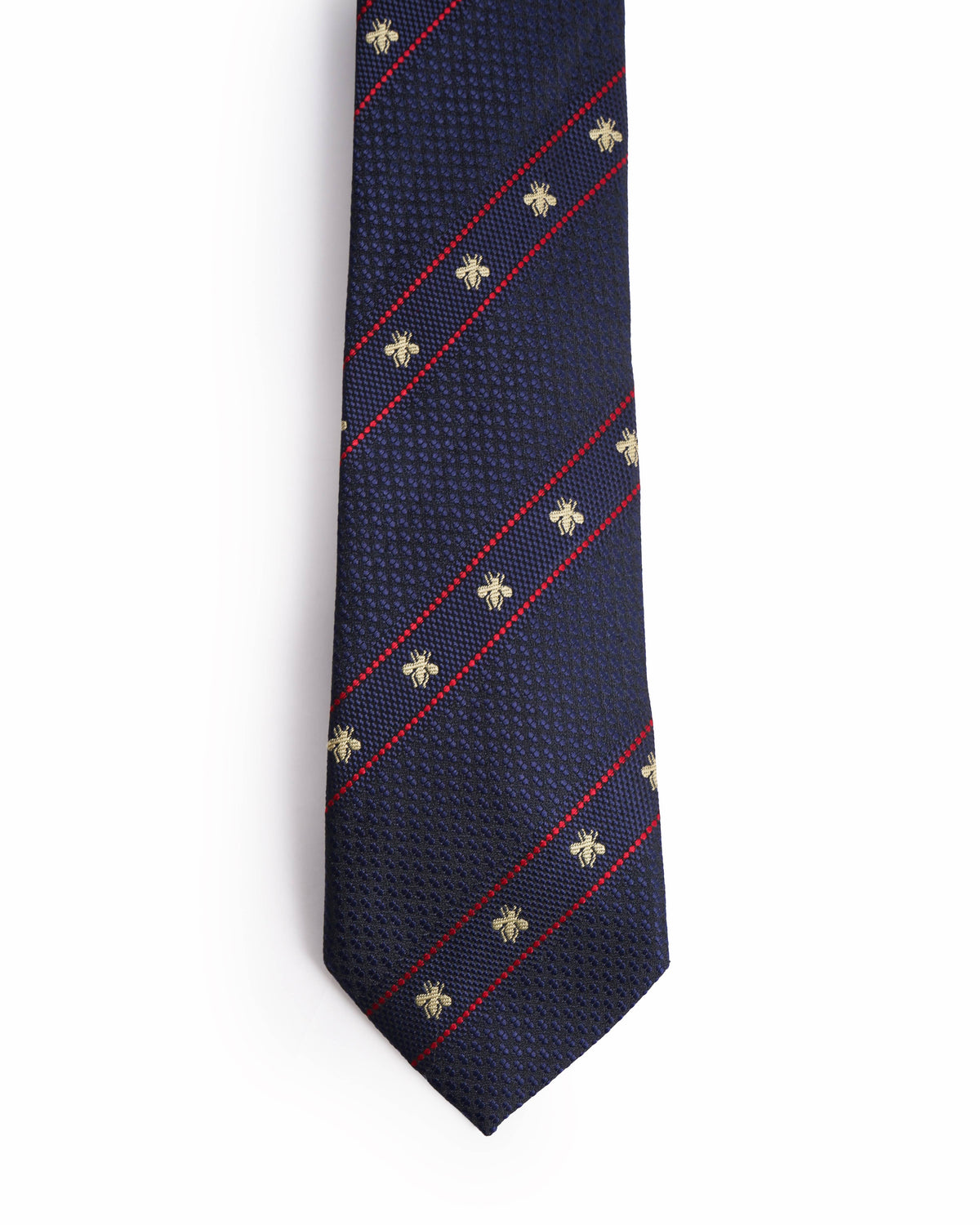 Gucci Navy Blue Silk Tie with Gold Embroidered Bees
