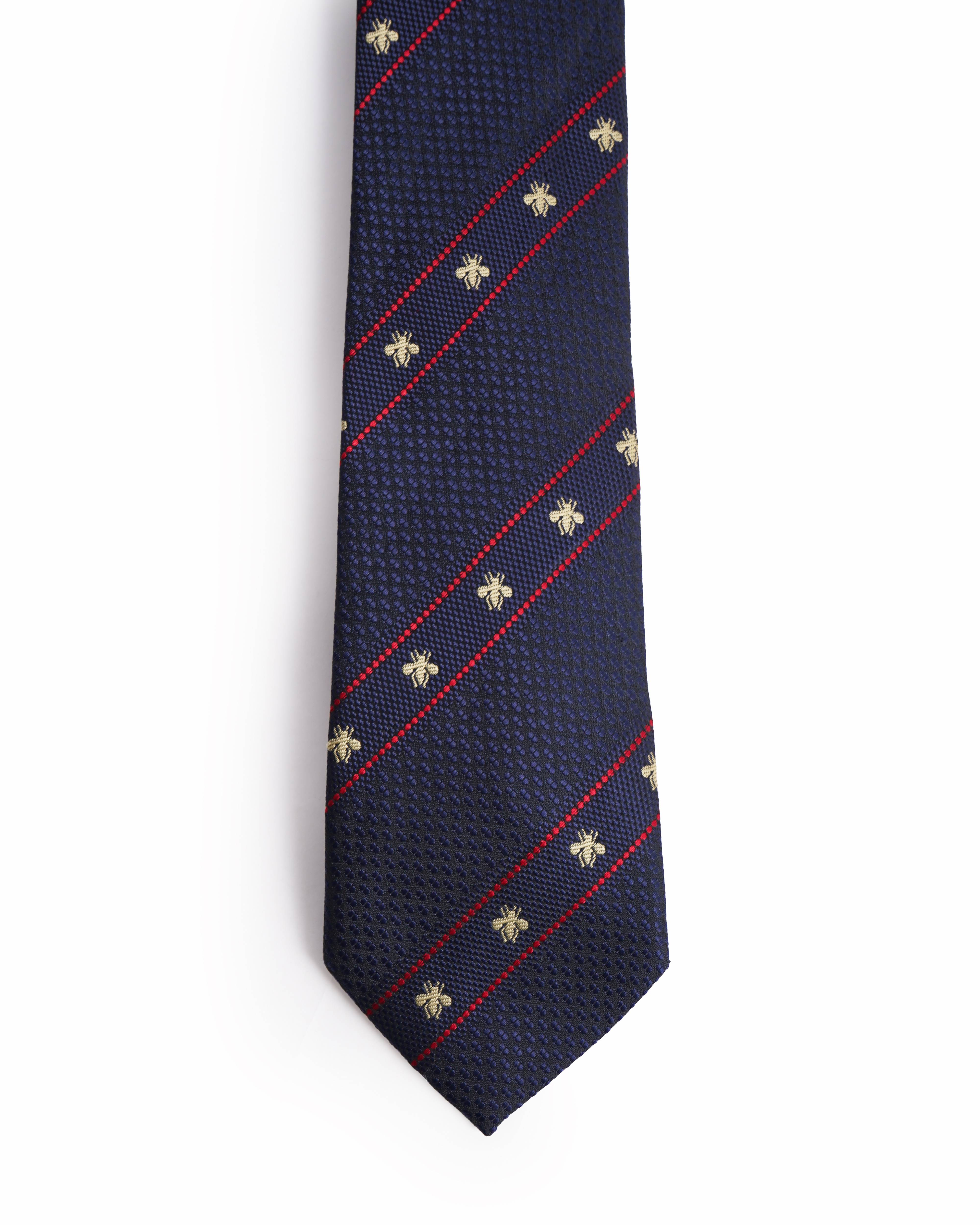 Gucci Navy Blue Silk Tie with Gold Embroidered Bees
