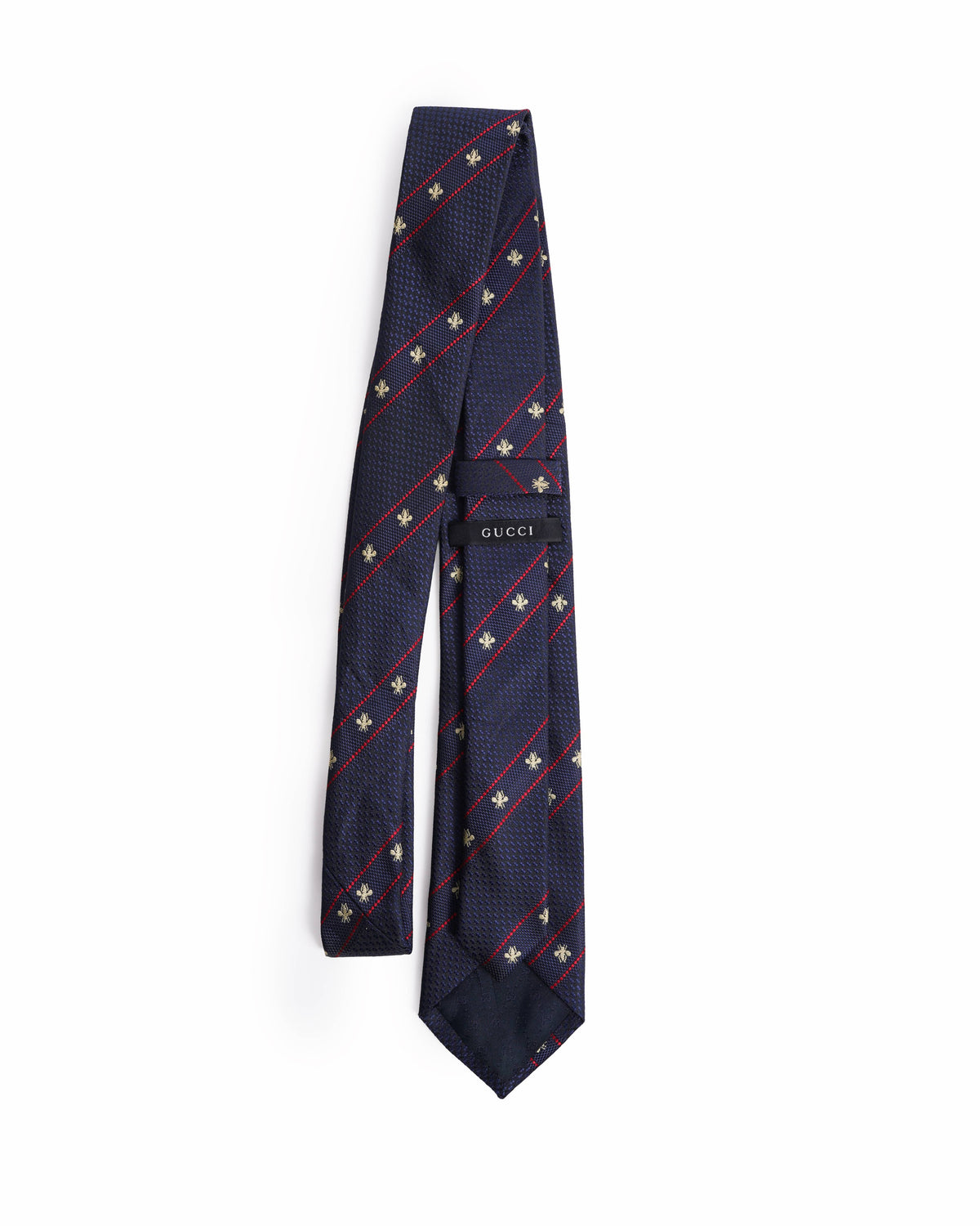 Gucci Navy Blue Silk Tie with Gold Embroidered Bees