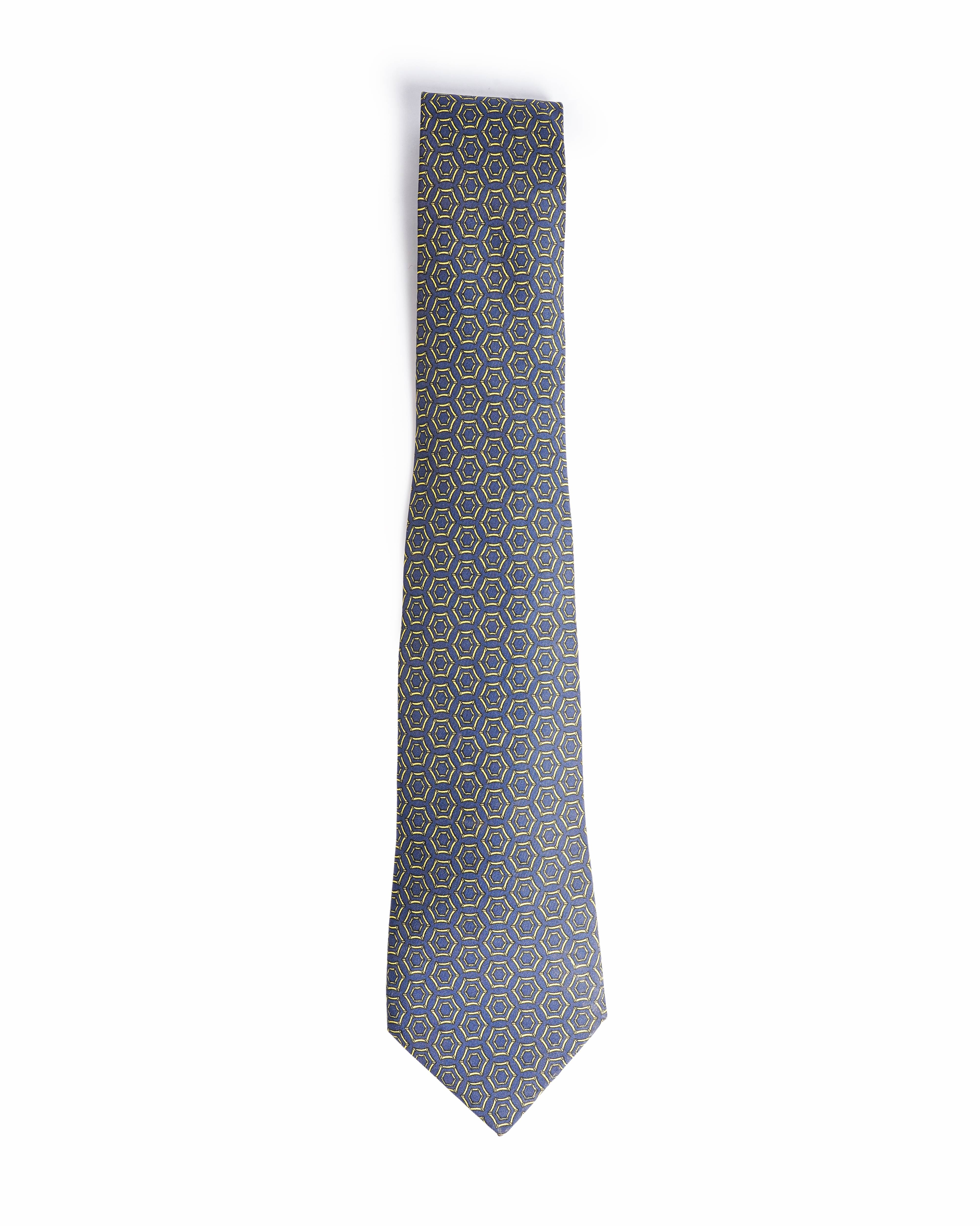 Hermès Geometric Hexagon Printed Silk Tie In Ink Blue