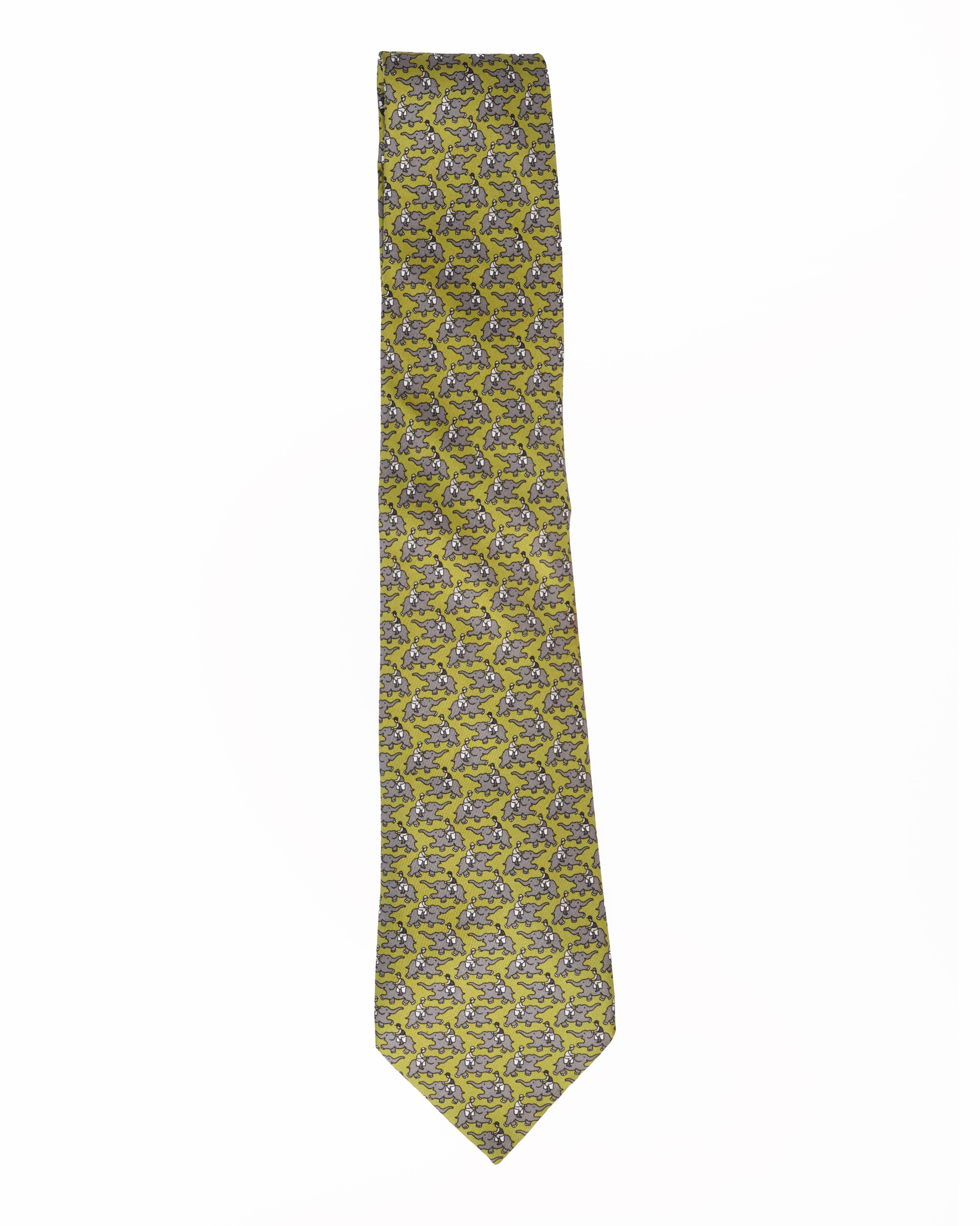 Hermes silk elephant printed tie in green