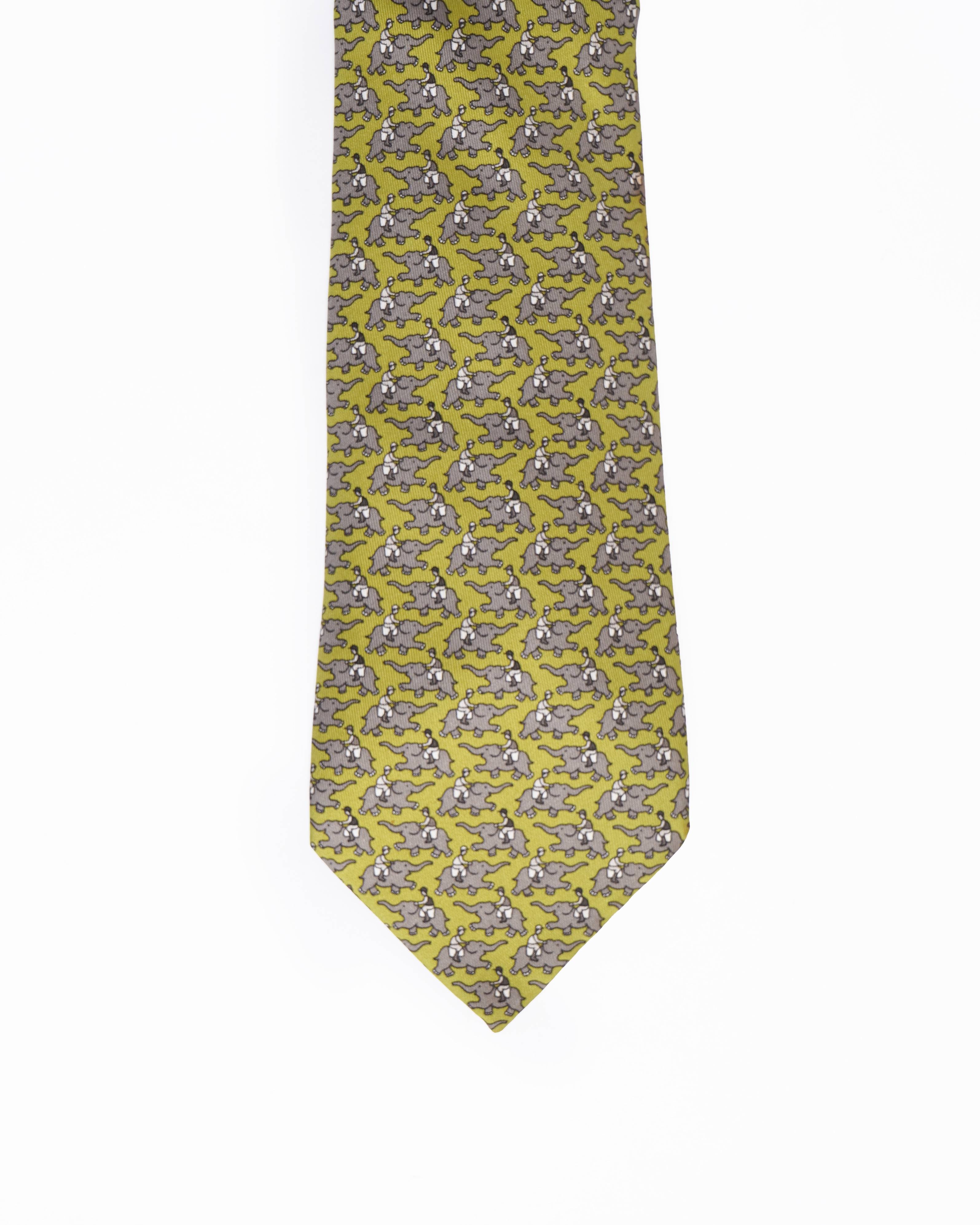 Hermes silk elephant printed tie in green