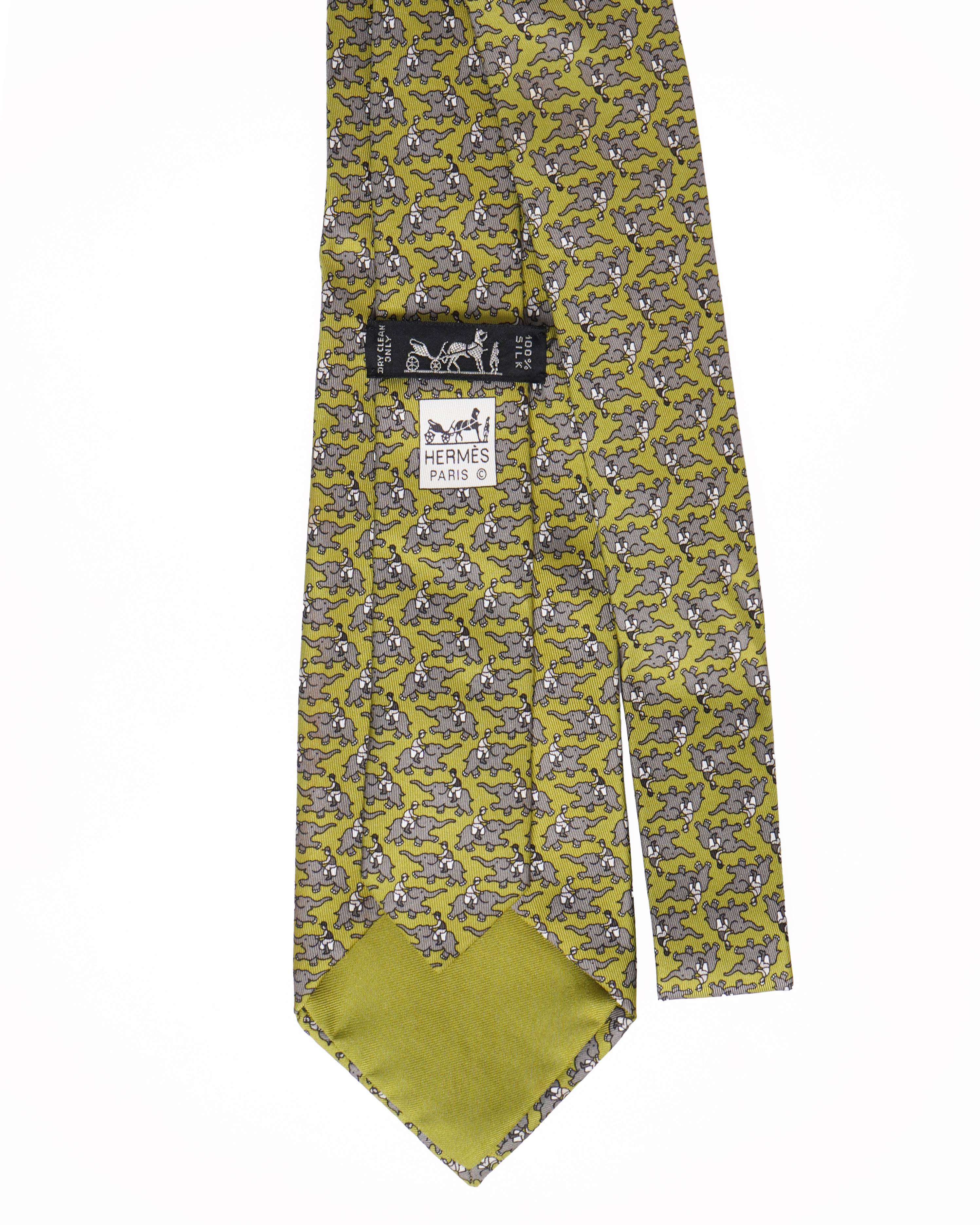 Hermes silk elephant printed tie in green