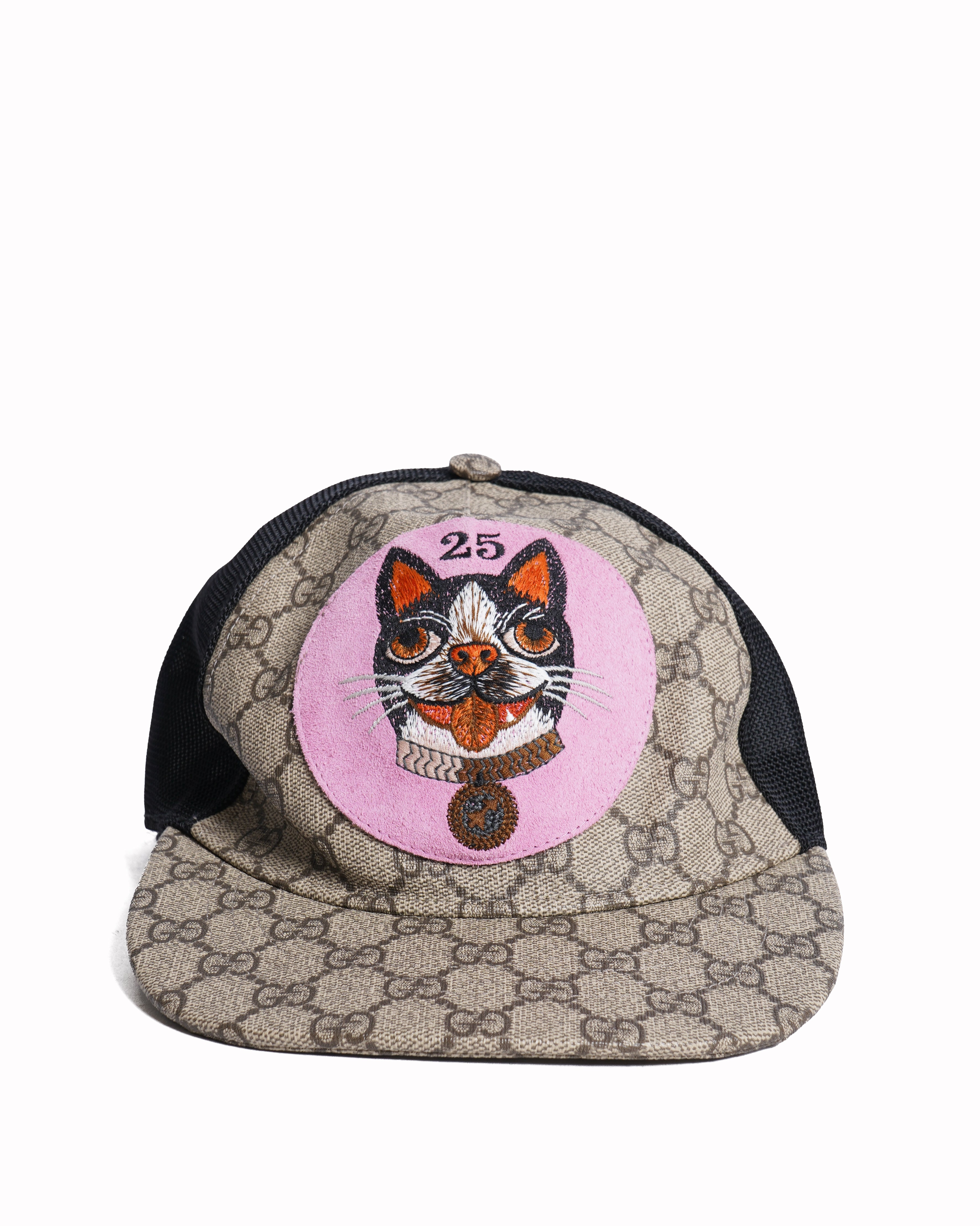 New Gucci Beige GG Supreme Canvas and Mesh Pink Bosco Applique Baseball Cap
