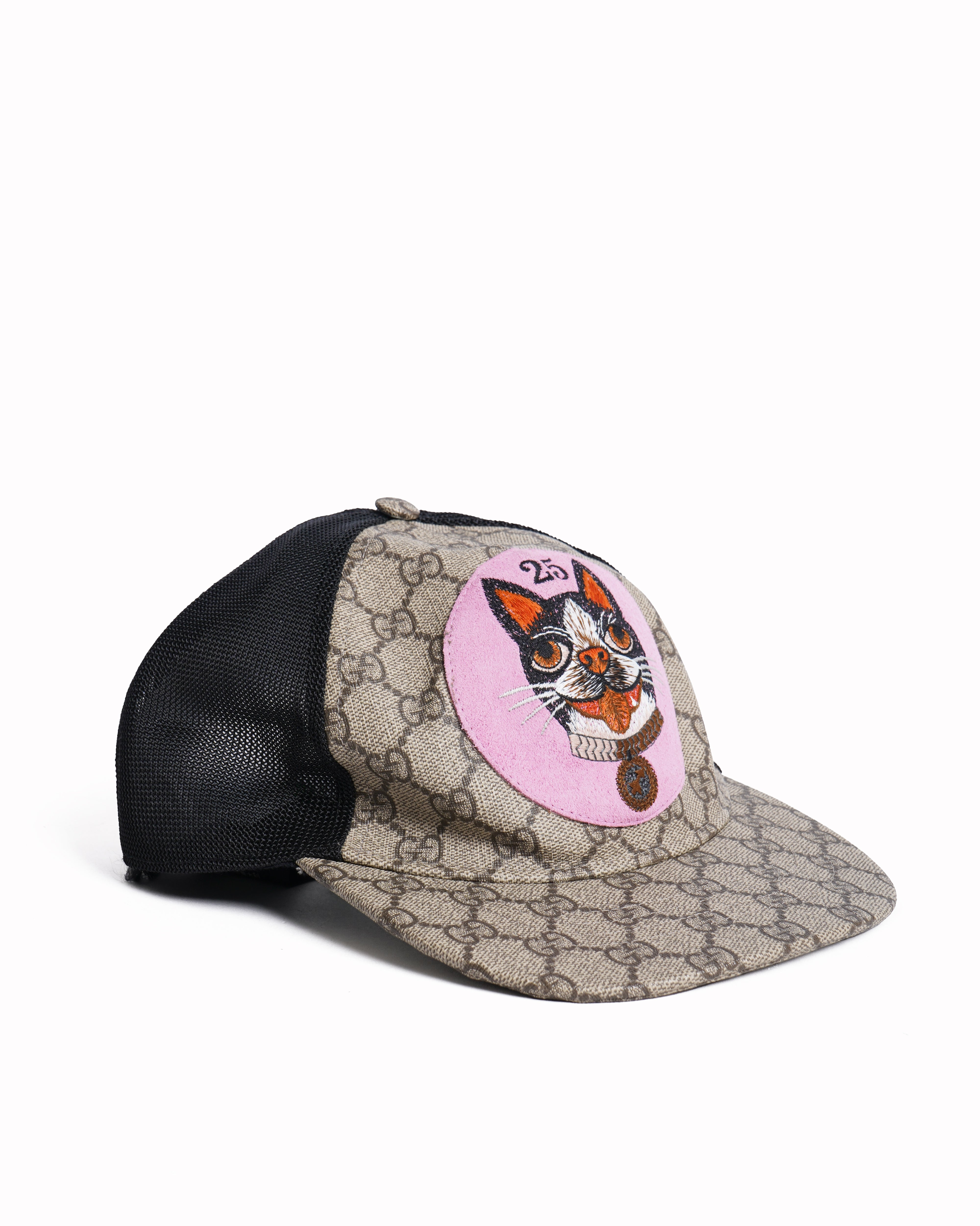 New Gucci Beige GG Supreme Canvas and Mesh Pink Bosco Applique Baseball Cap