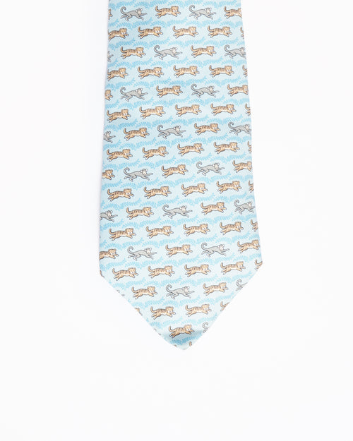 Hermes light blue silk tie with tiger and monkey print