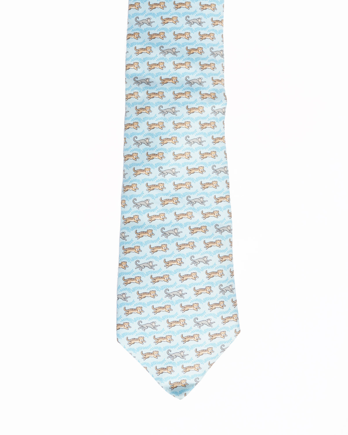 Hermes light blue silk tie with tiger and monkey print