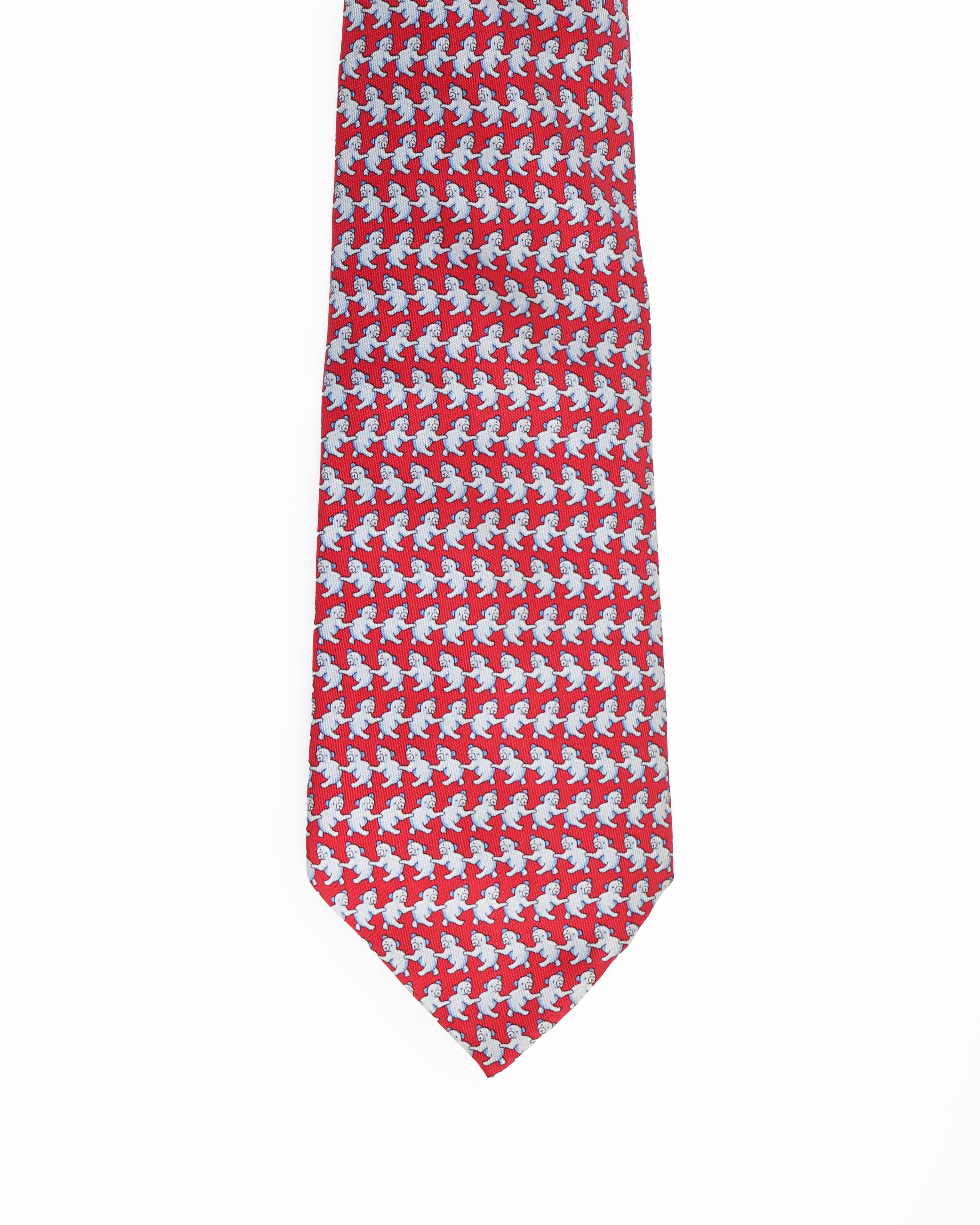 Hermes bear printed silk tie in red