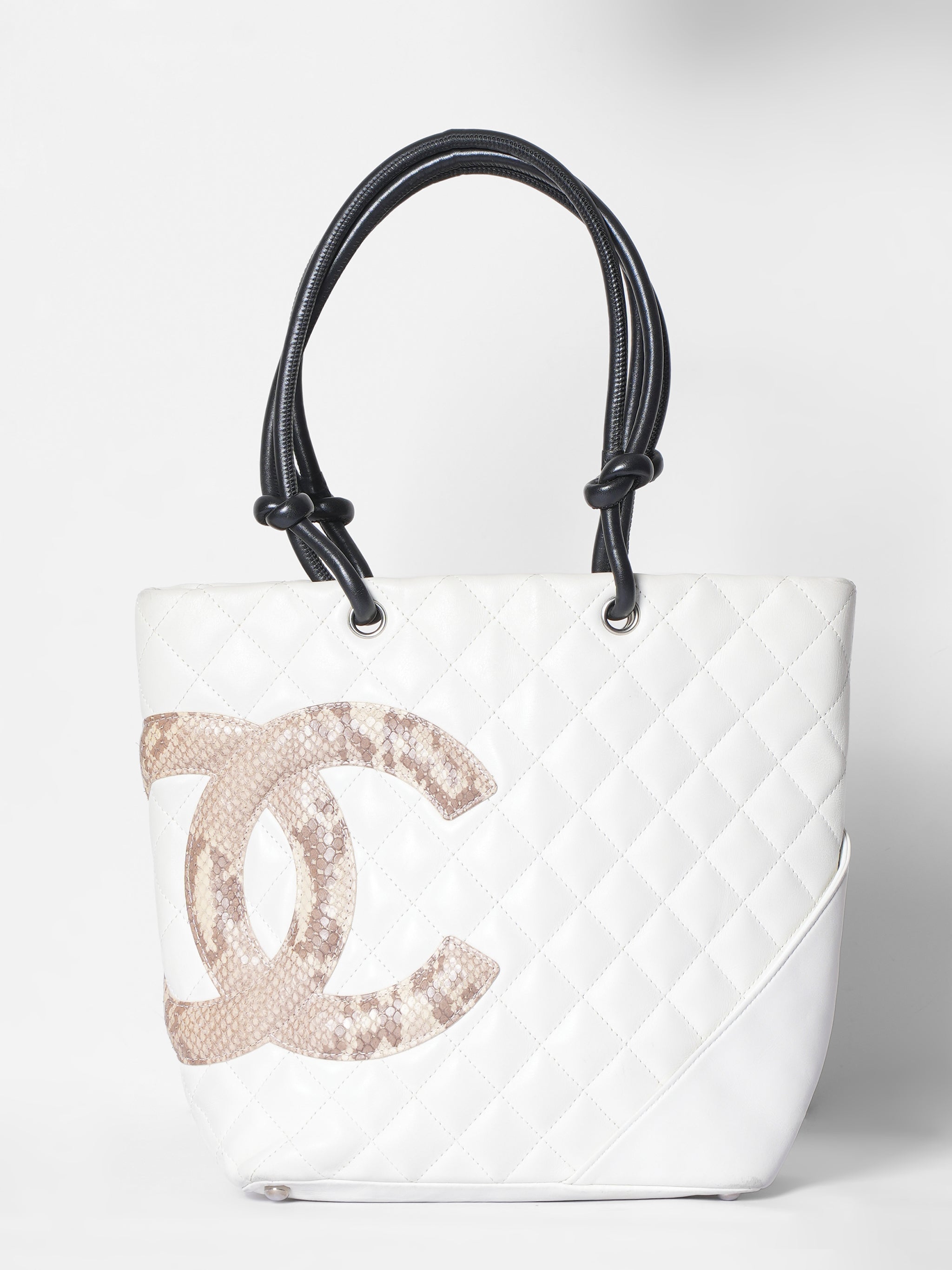 Chanel White Quilted Leather & Python Ligne Cambon Tote
