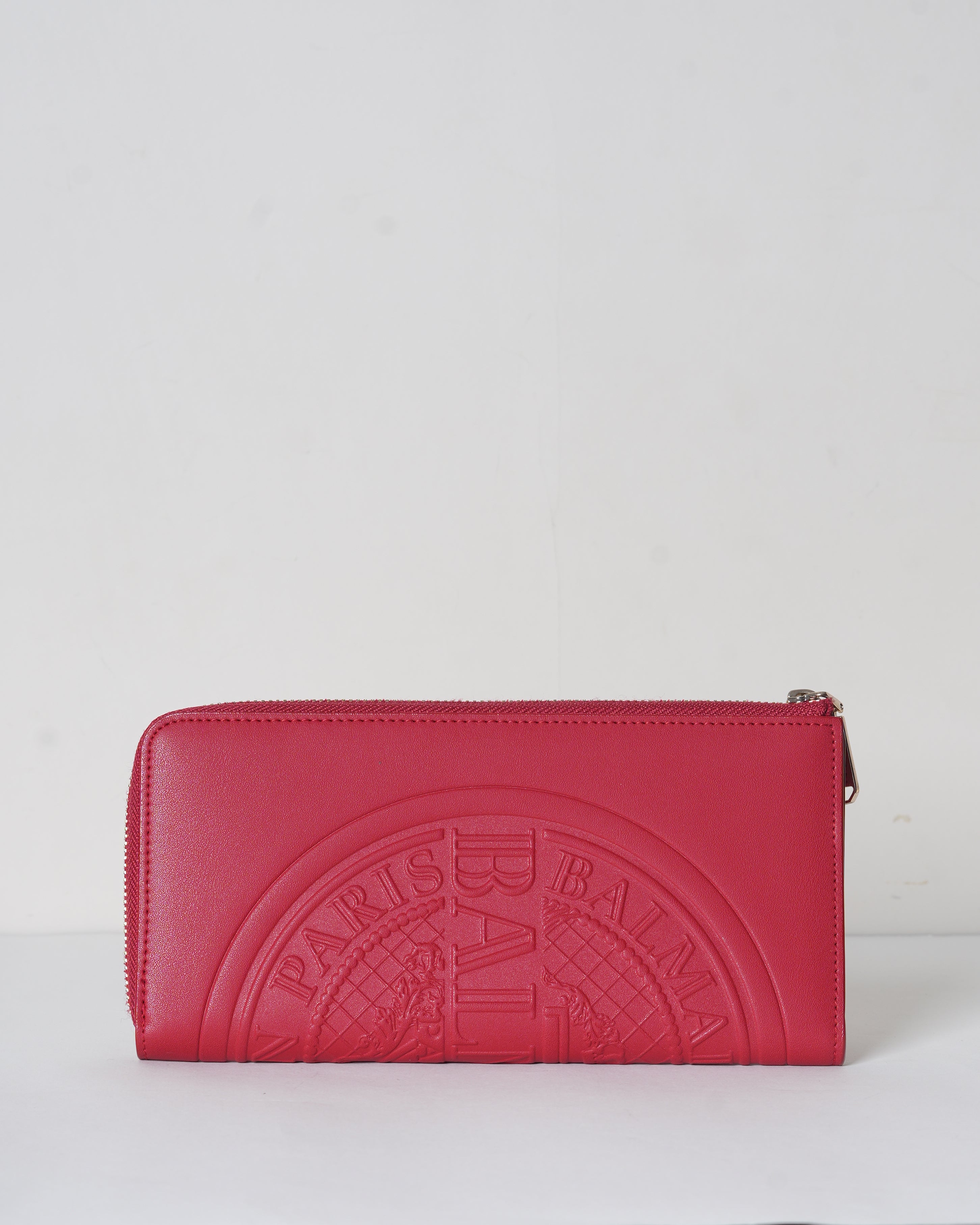 New Balmain Leather Zip Around Wallet In Red