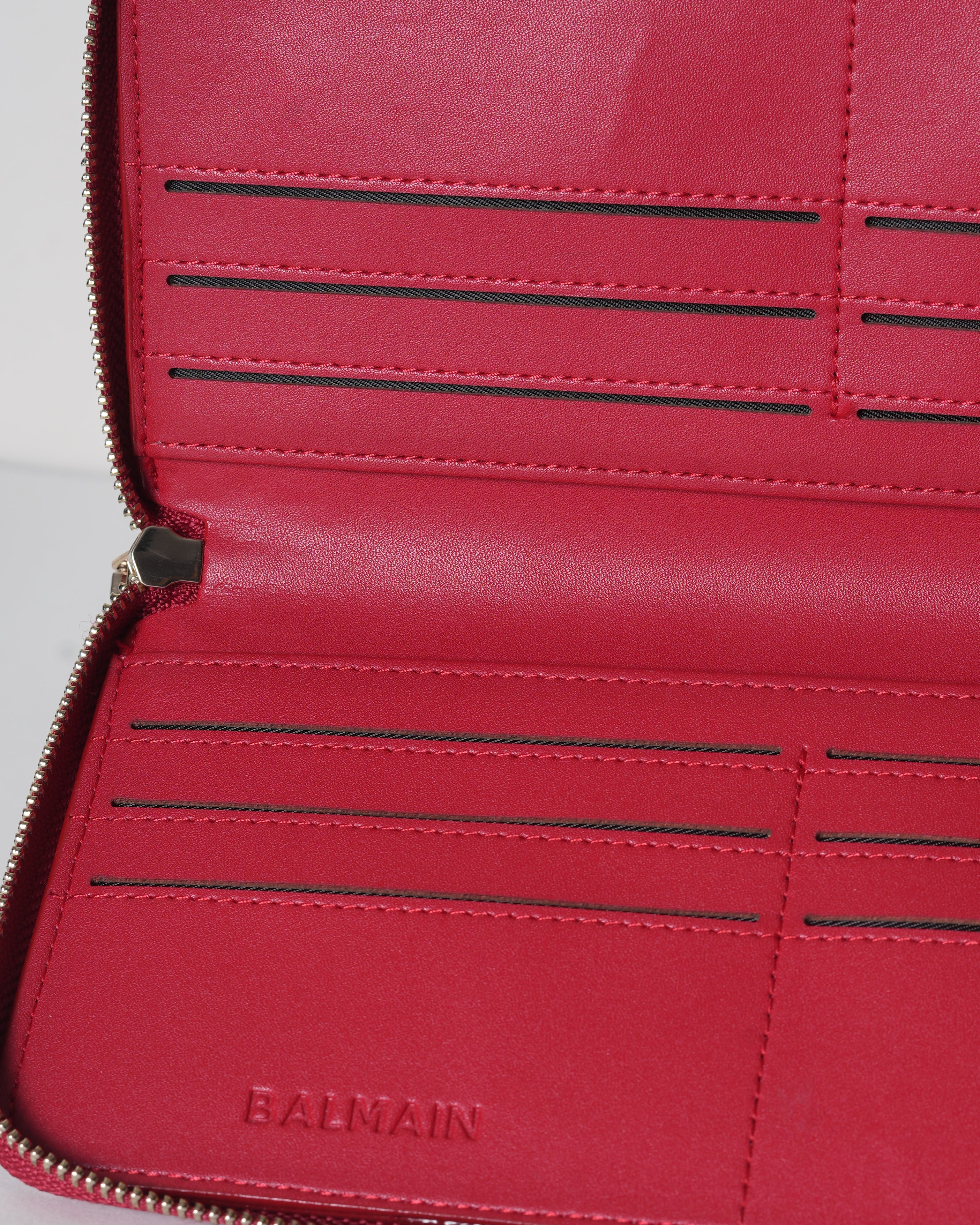 New Balmain Leather Zip Around Wallet In Red