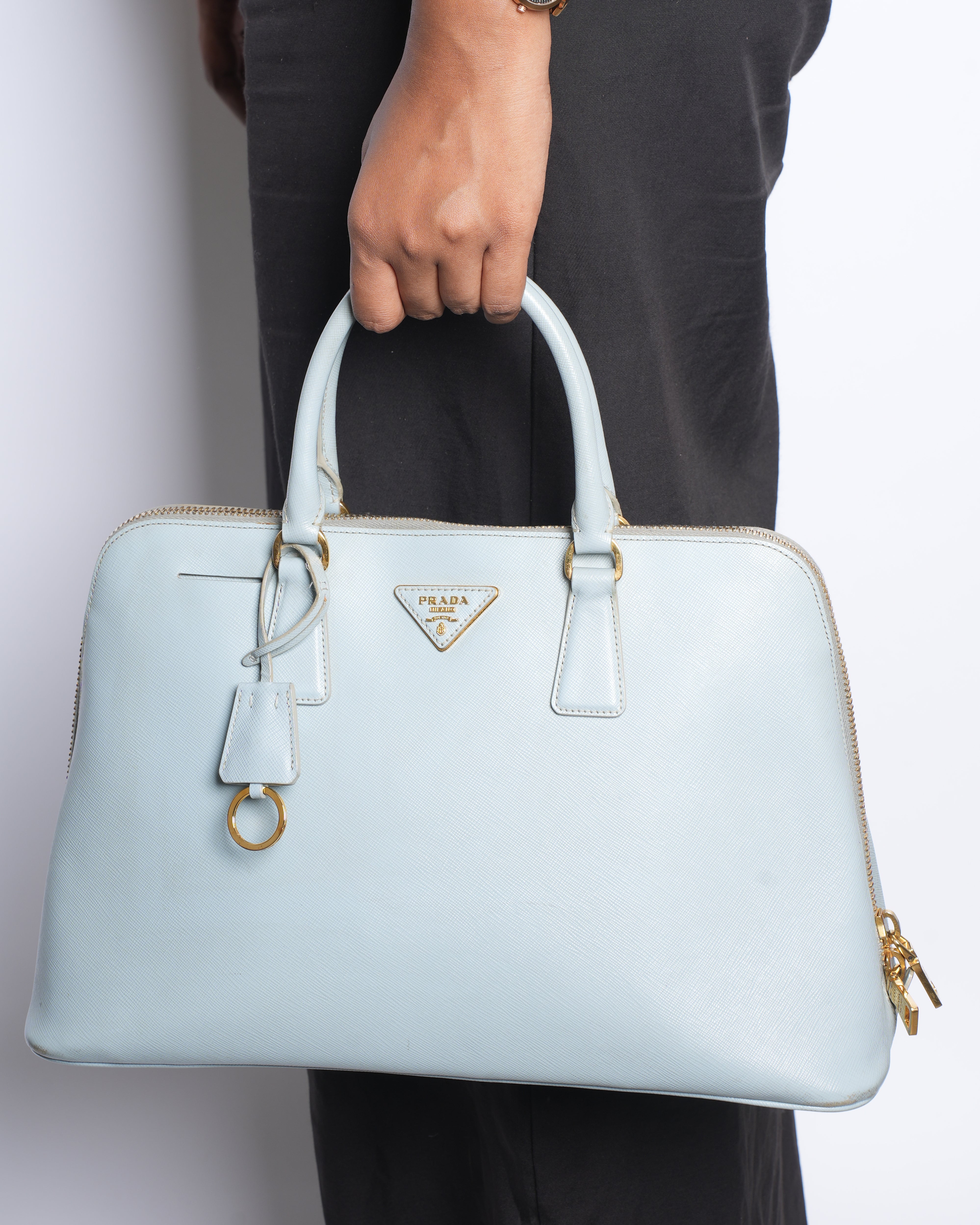 Prada blue saffiano lux leather satchel