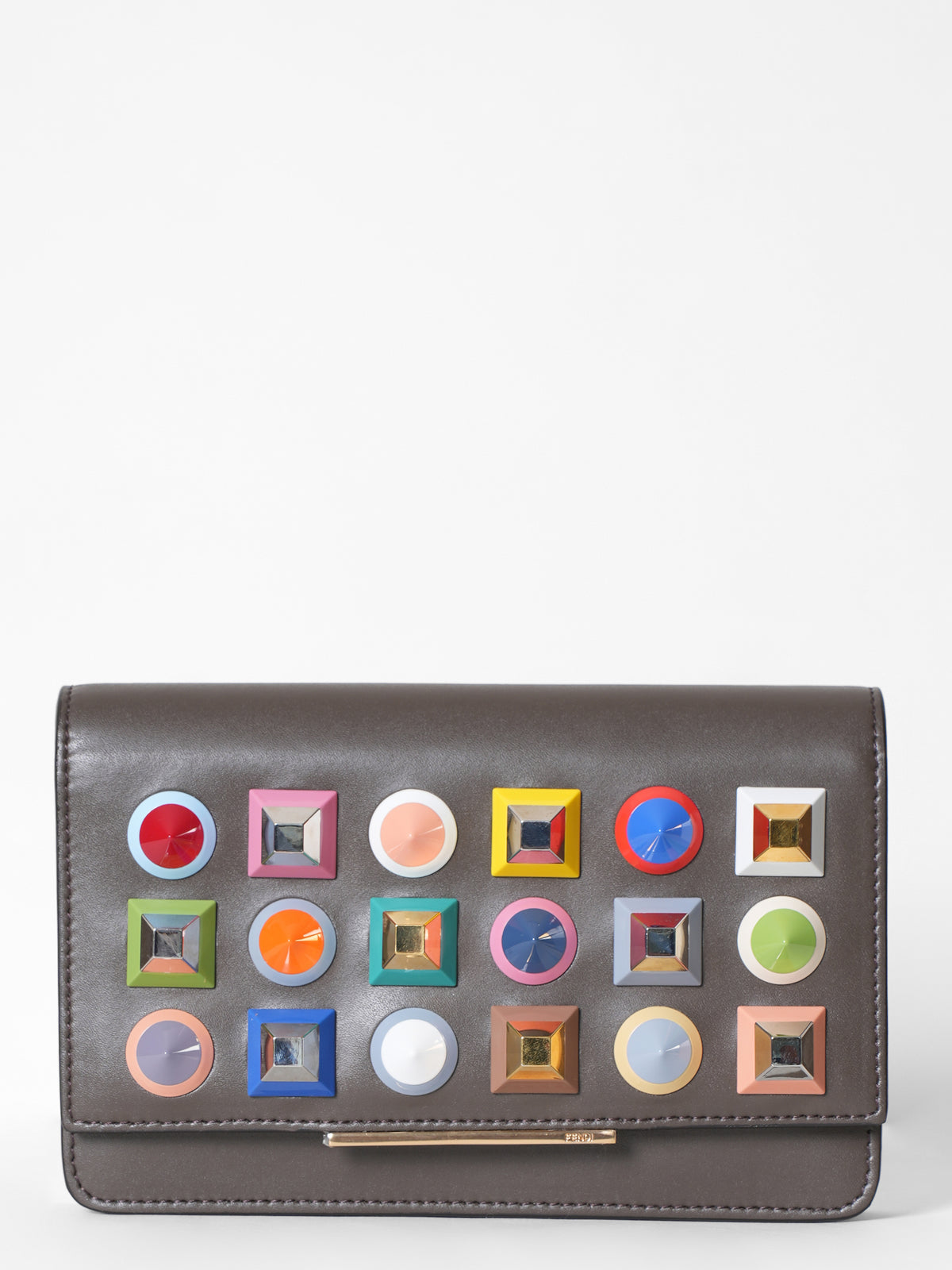 New Fendi Brown Studded Leather Wallet On Chain