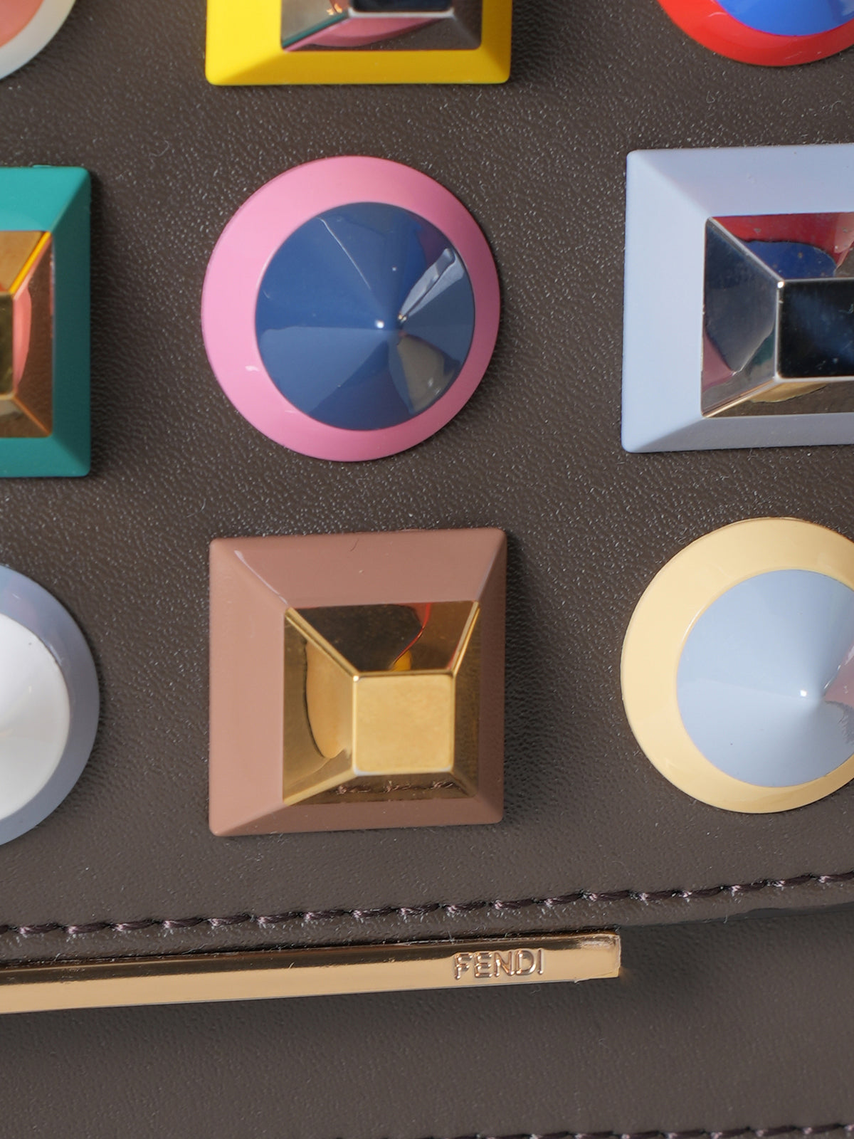 New Fendi Brown Studded Leather Wallet On Chain