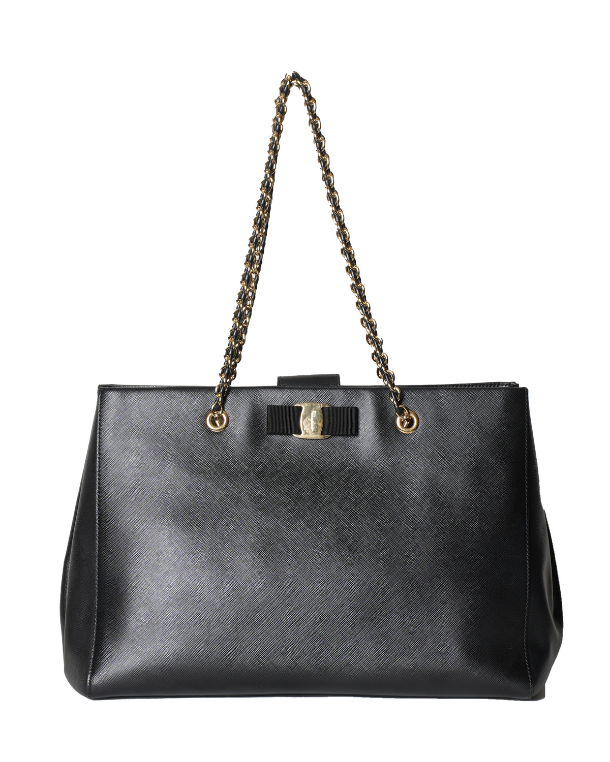 Salvatore Ferragamo Leather Vara Bow Chain Black Tote Bag