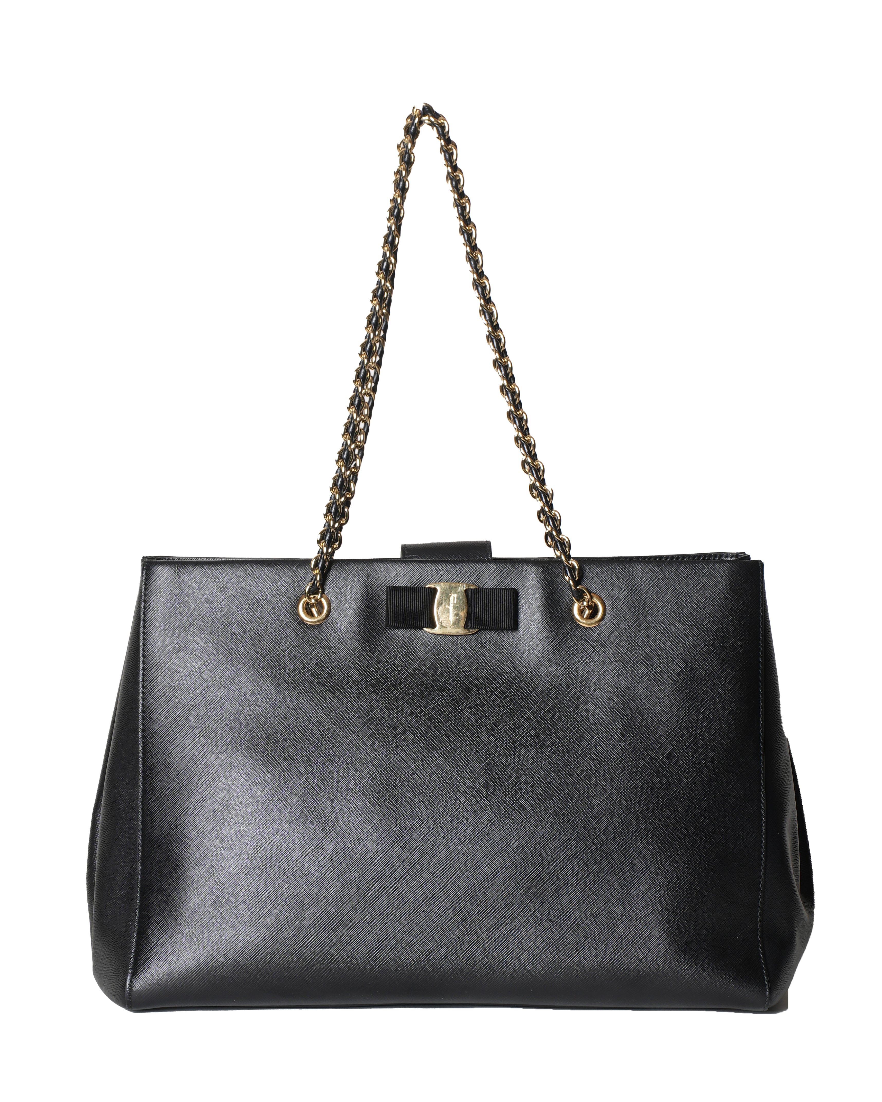 Ferragamo Leather Vara Bow Chain Black Tote Bag