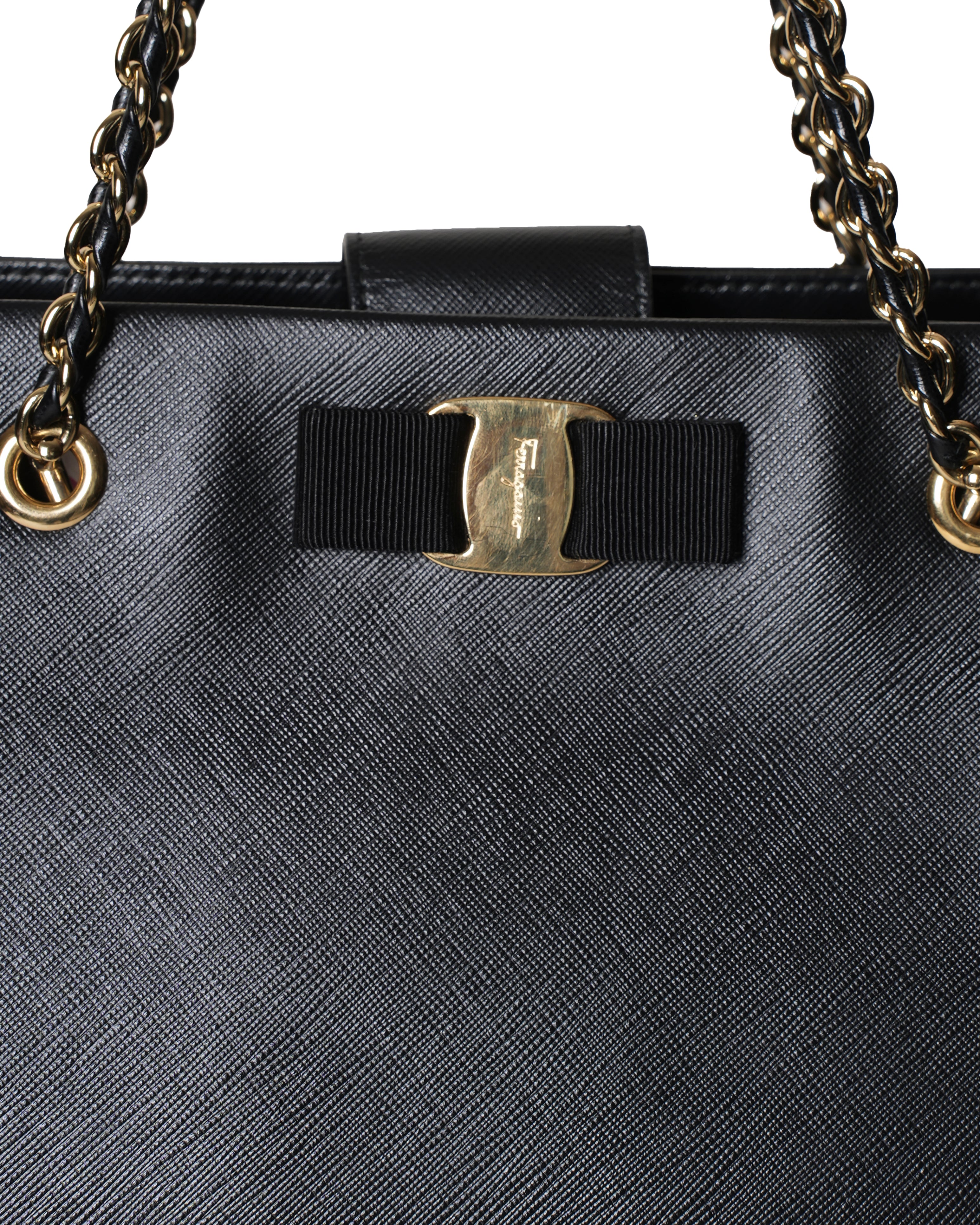 Ferragamo Leather Vara Bow Chain Black Tote Bag