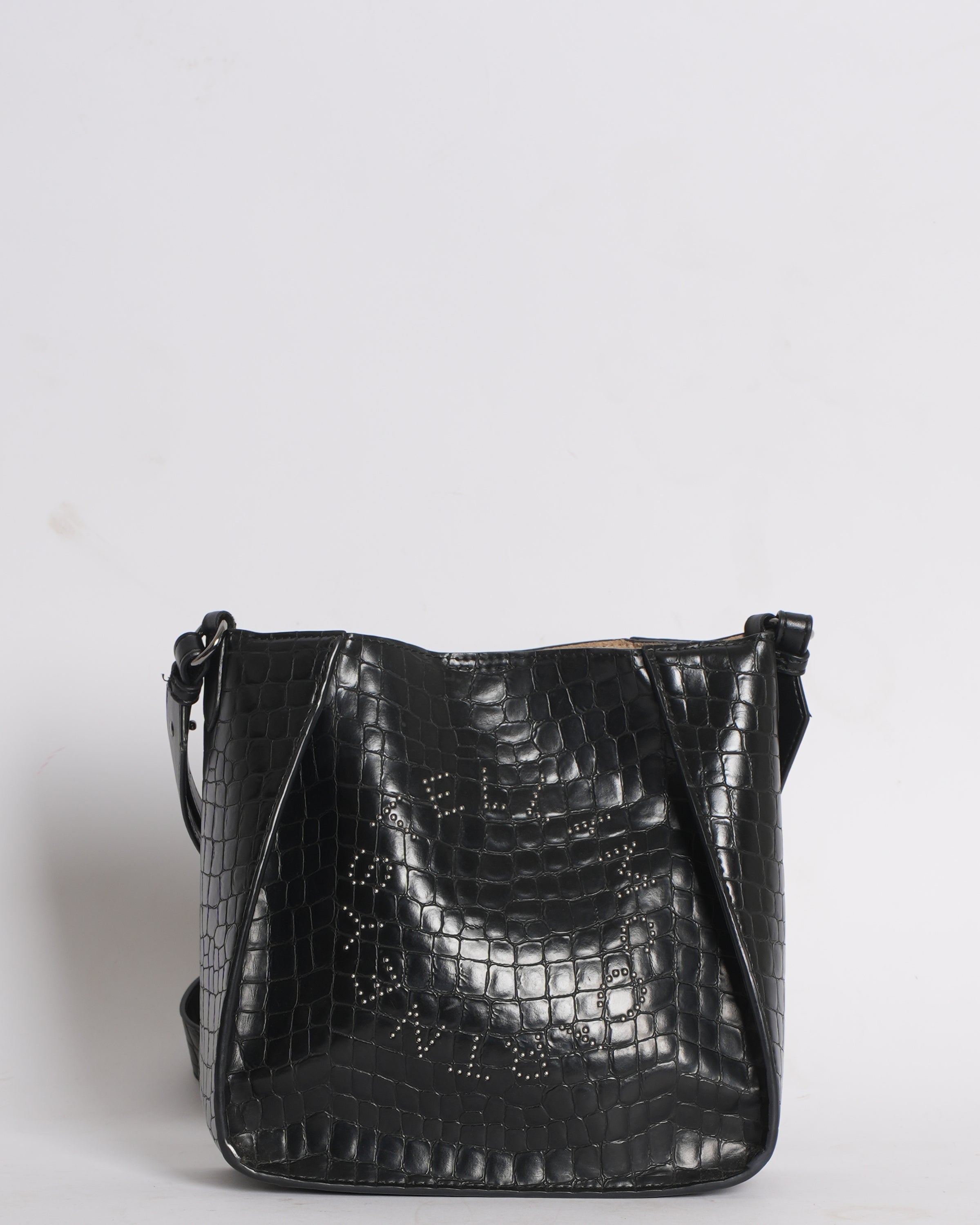 Stella McCartney Black Crocodile Embossed Faux Leather Logo Shoulder Bag