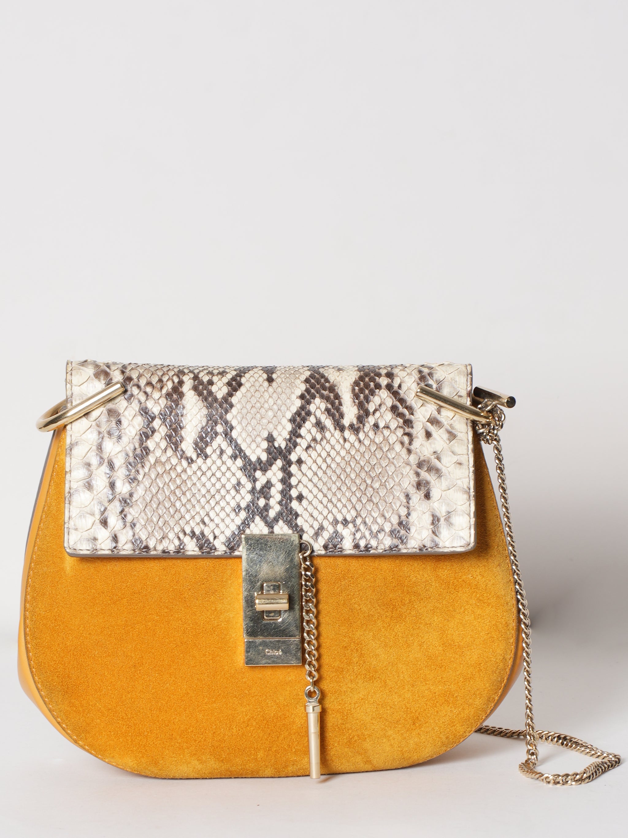 Chloe Mustard Suede & Python Drew Bag