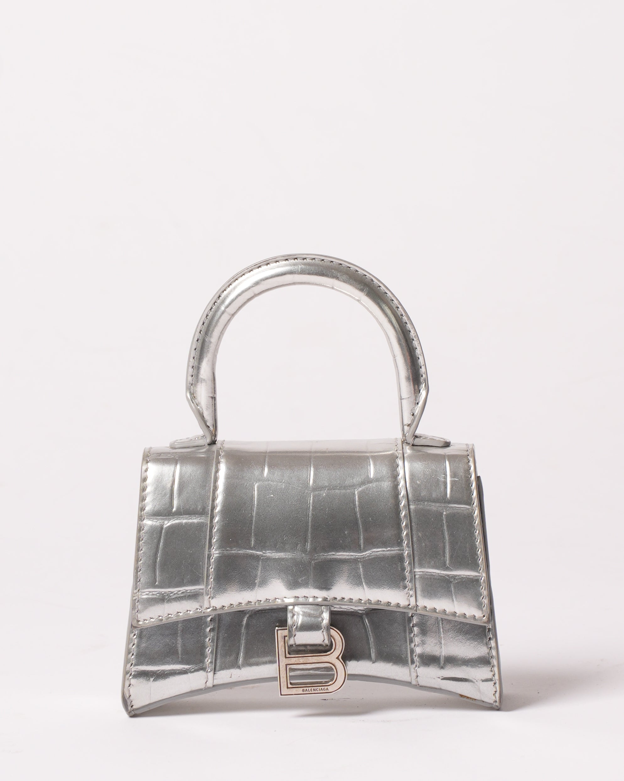 Balenciaga Mini Hourglass Embossed Calfskin Crossbody In Silver