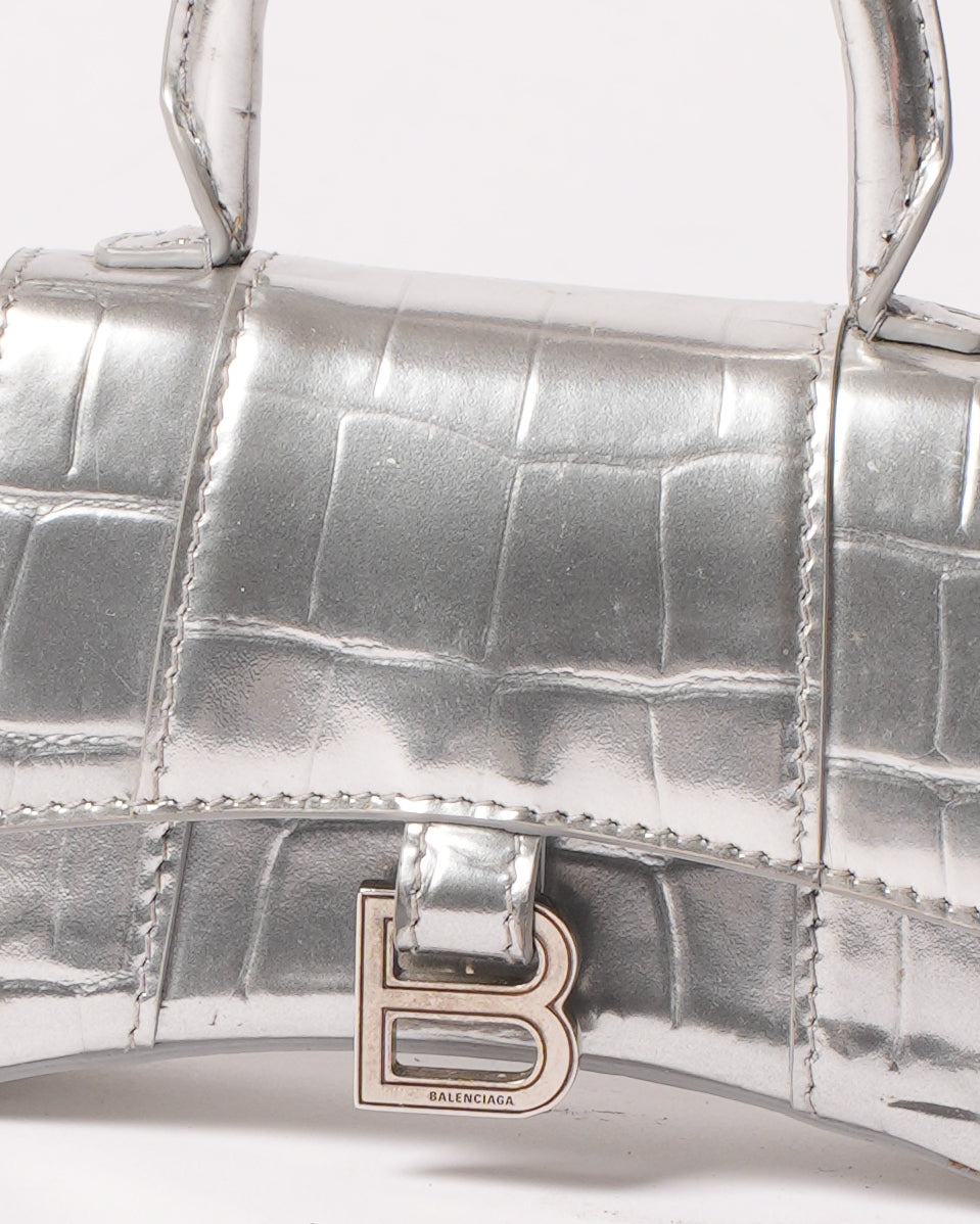 Balenciaga Mini Hourglass Embossed Calfskin Crossbody In Silver