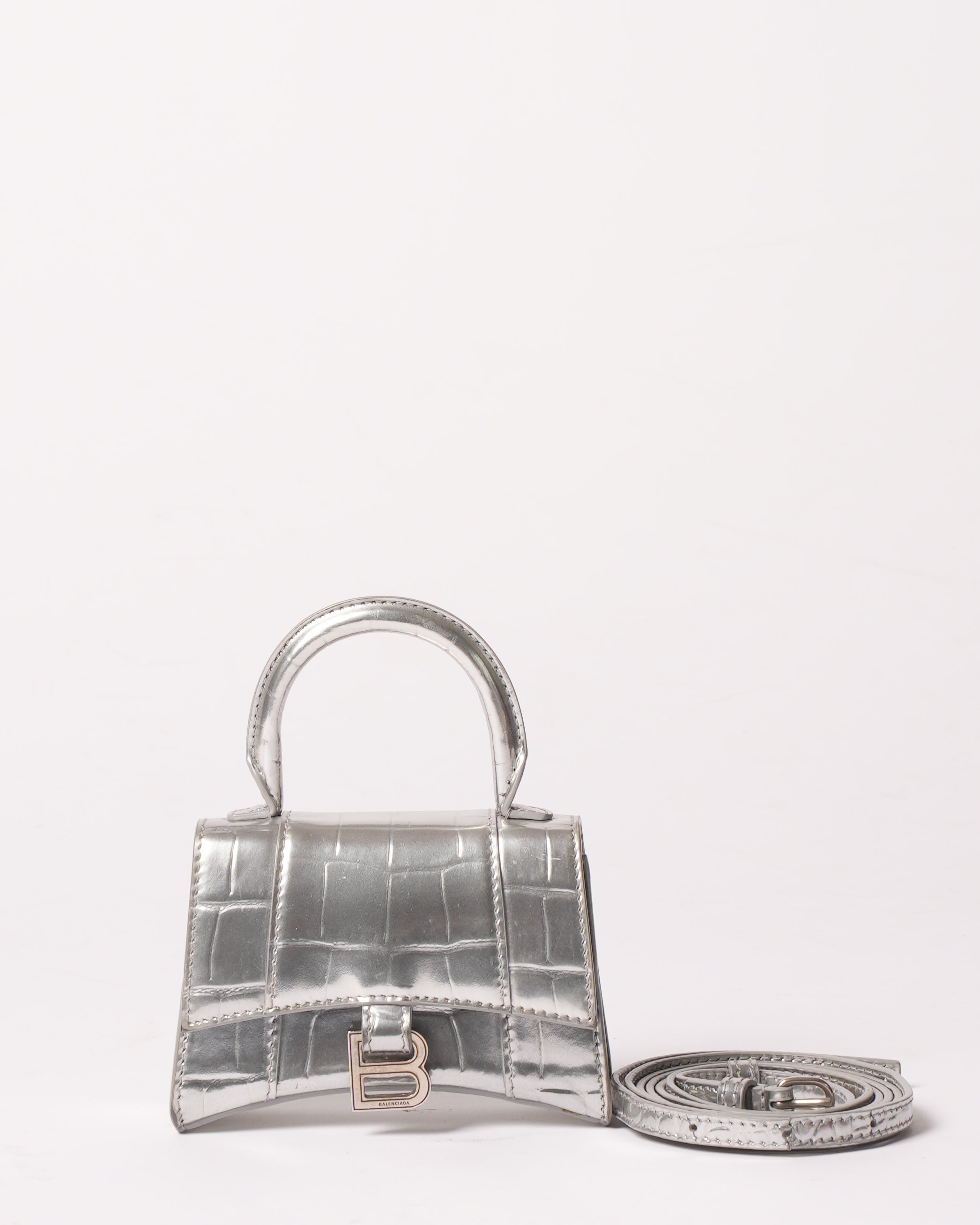 Balenciaga Mini Hourglass Embossed Calfskin Crossbody In Silver