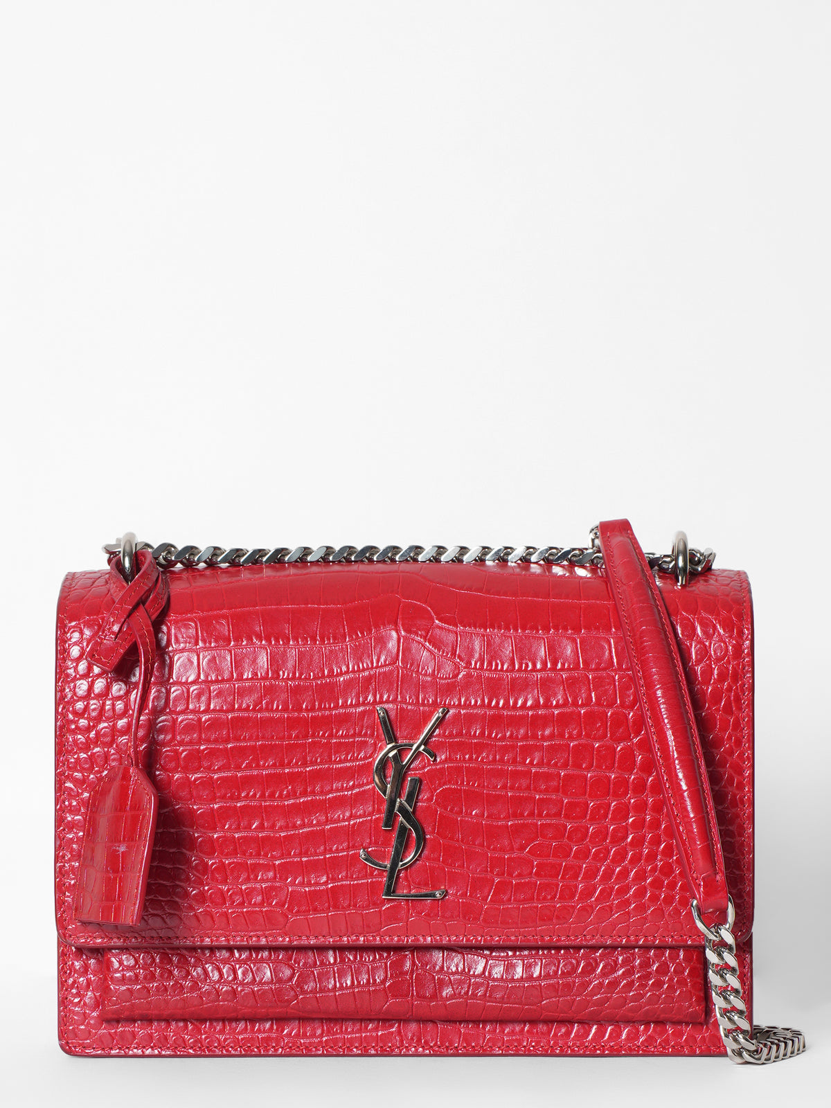 Saint Laurent Red Sunset Chain Wallet Crocodile Embossed Leather Bag