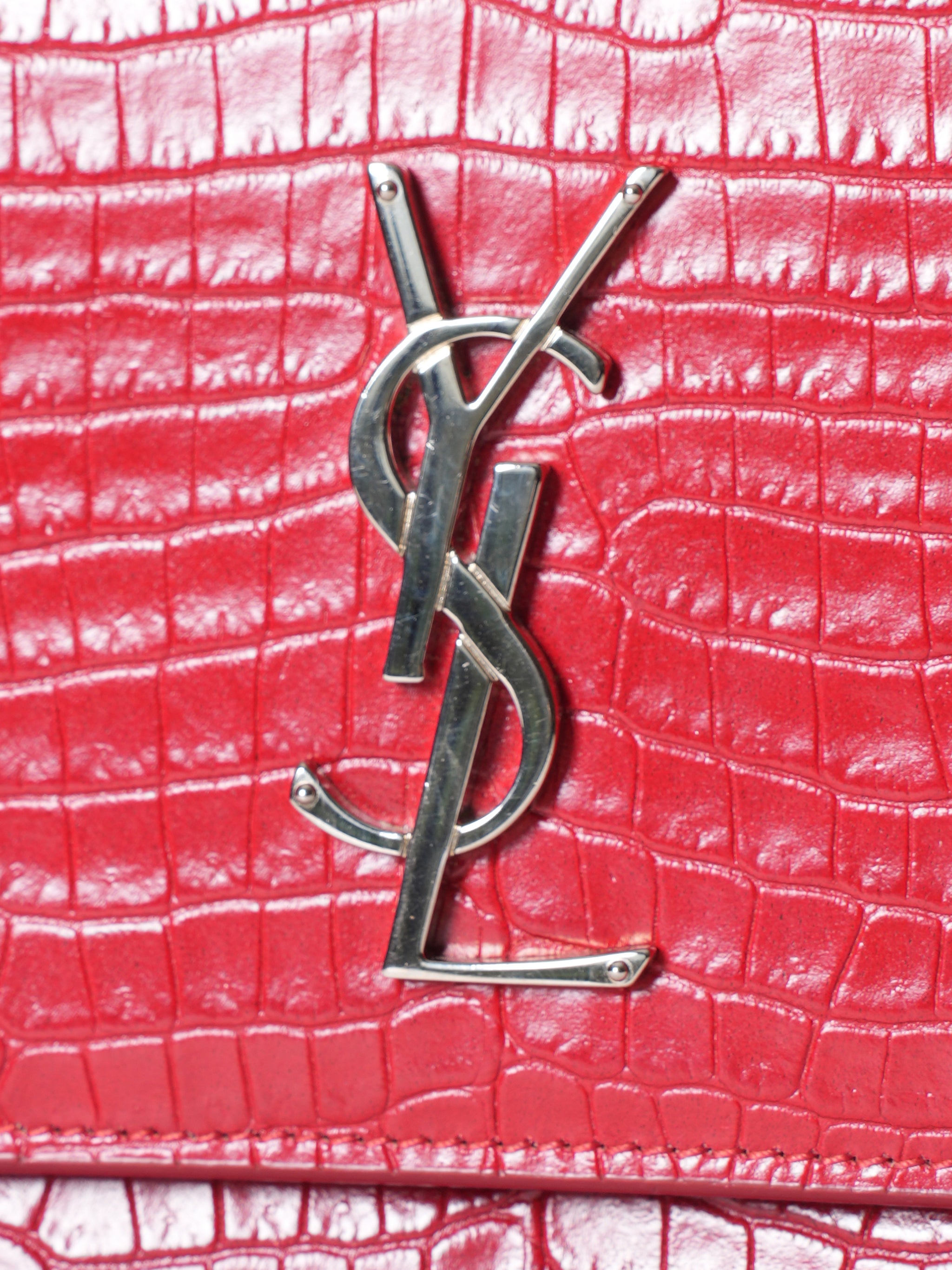 Saint Laurent Red Sunset Chain Wallet Crocodile Embossed Leather Bag