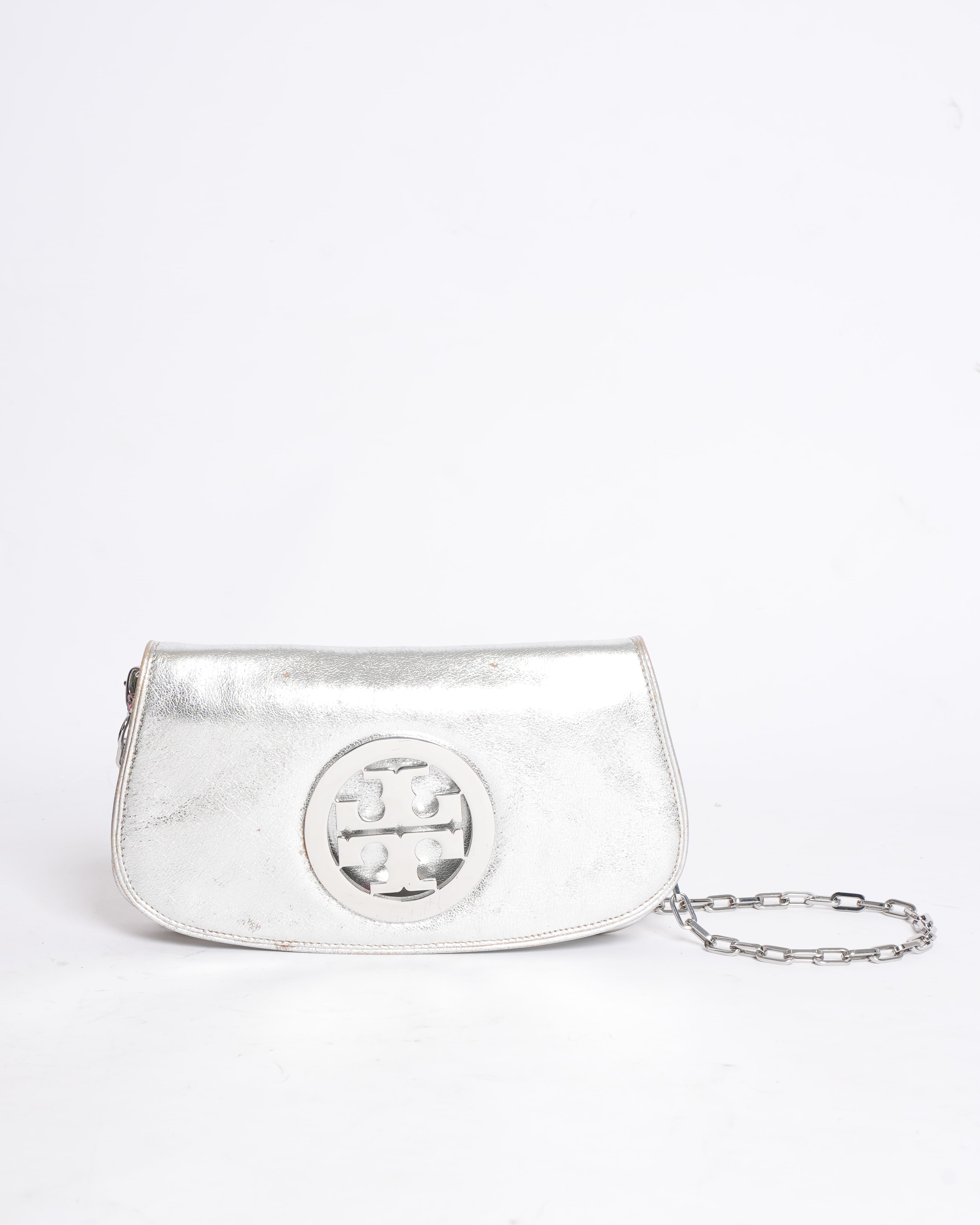 Tory burch silver metallic crossbody bag