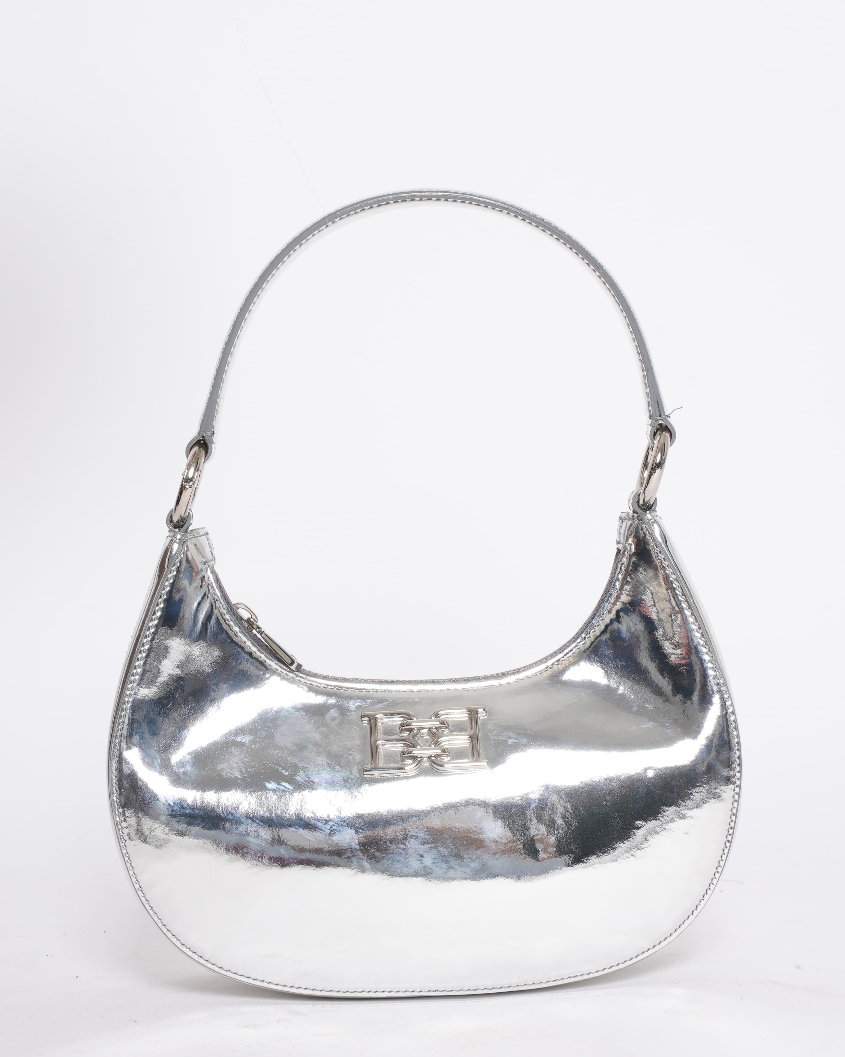 New Bally silver chrome patent hobo shoulder bag