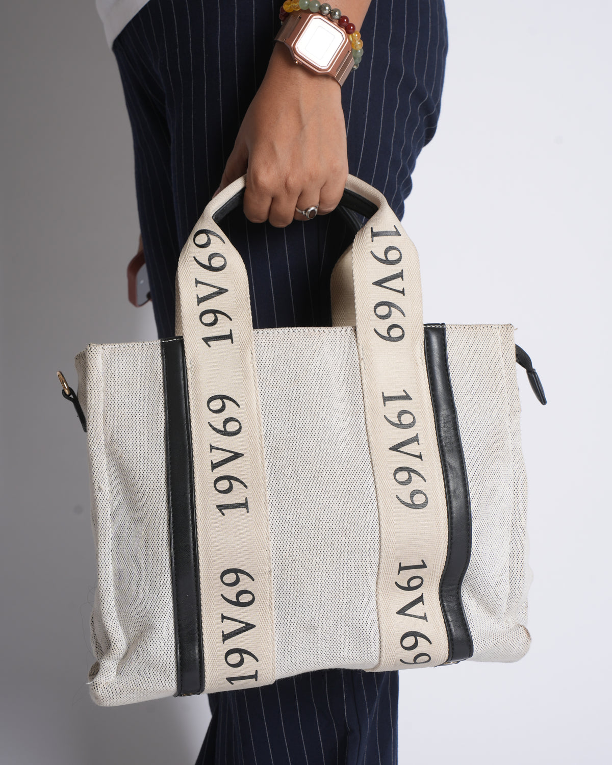 Versace Small Canvas Tote In Beige
