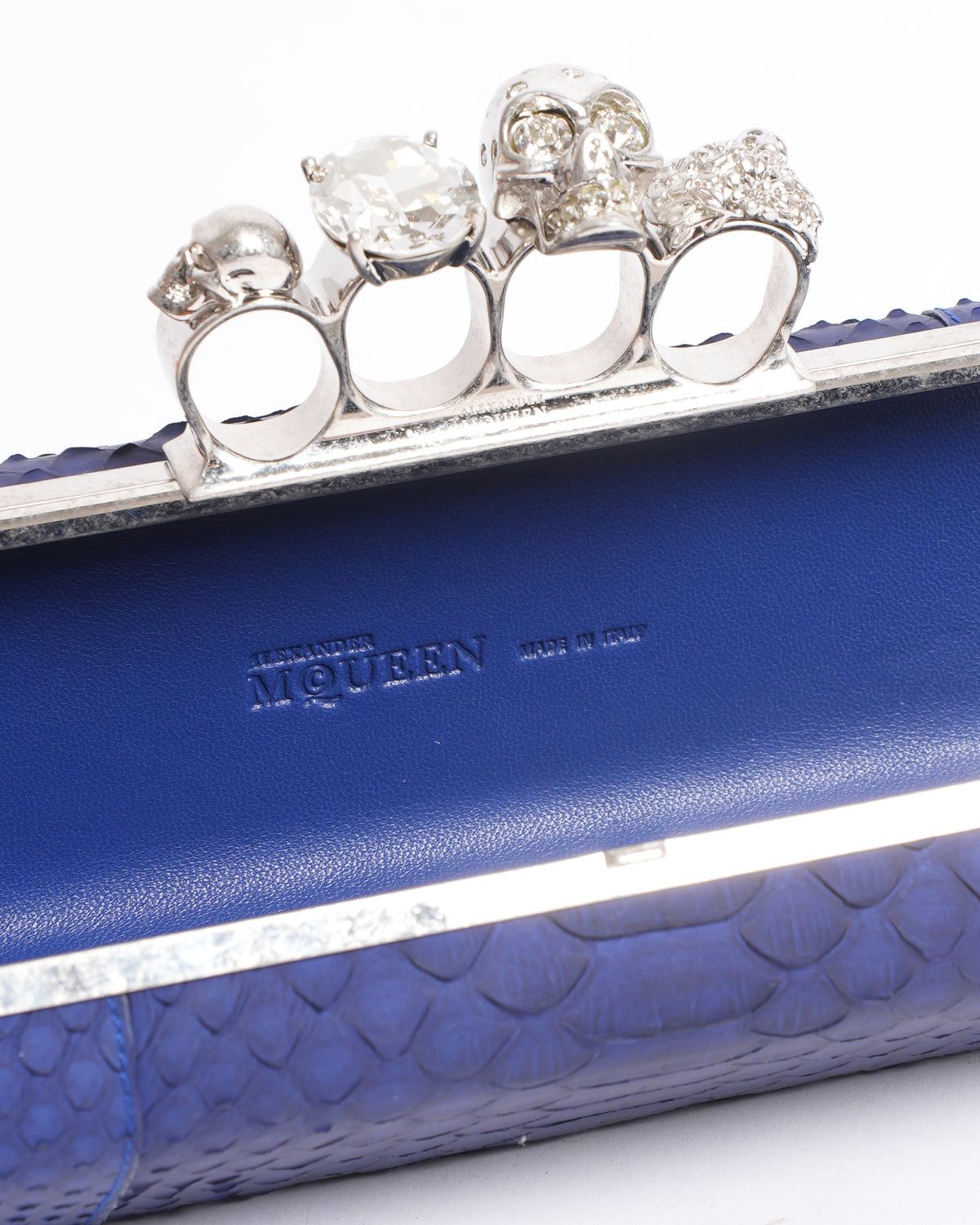 Alexander McQueen Blue Python Skull Knuckle Box Clutch