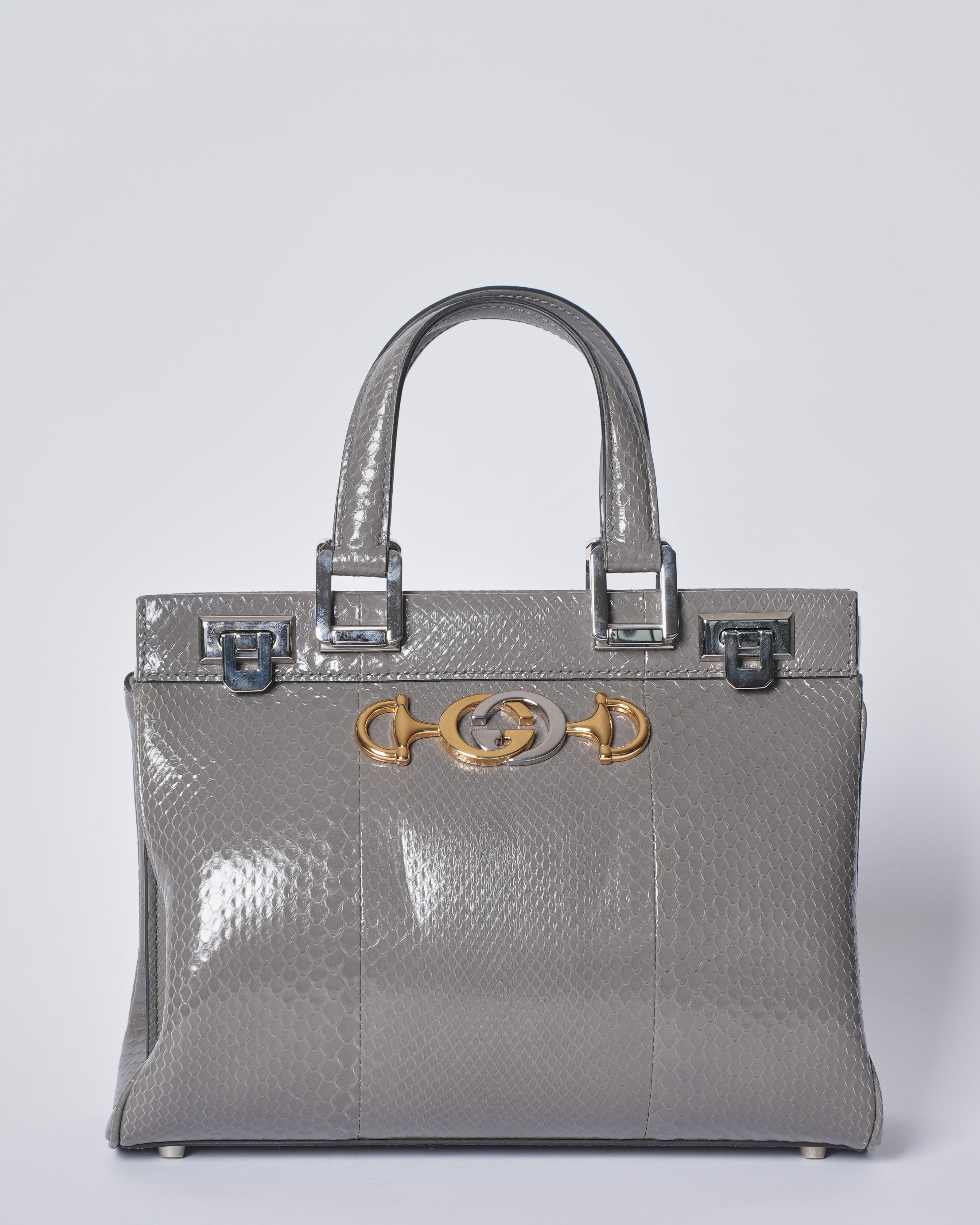 Gucci Zumi Snakeskin Top Handle Bag In Grey