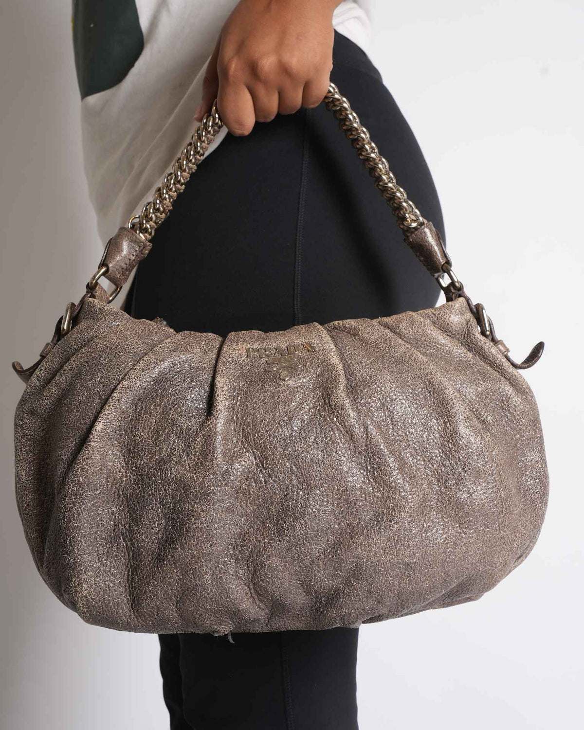 Prada Metallic Brown Cervo Leather Chain Hobo