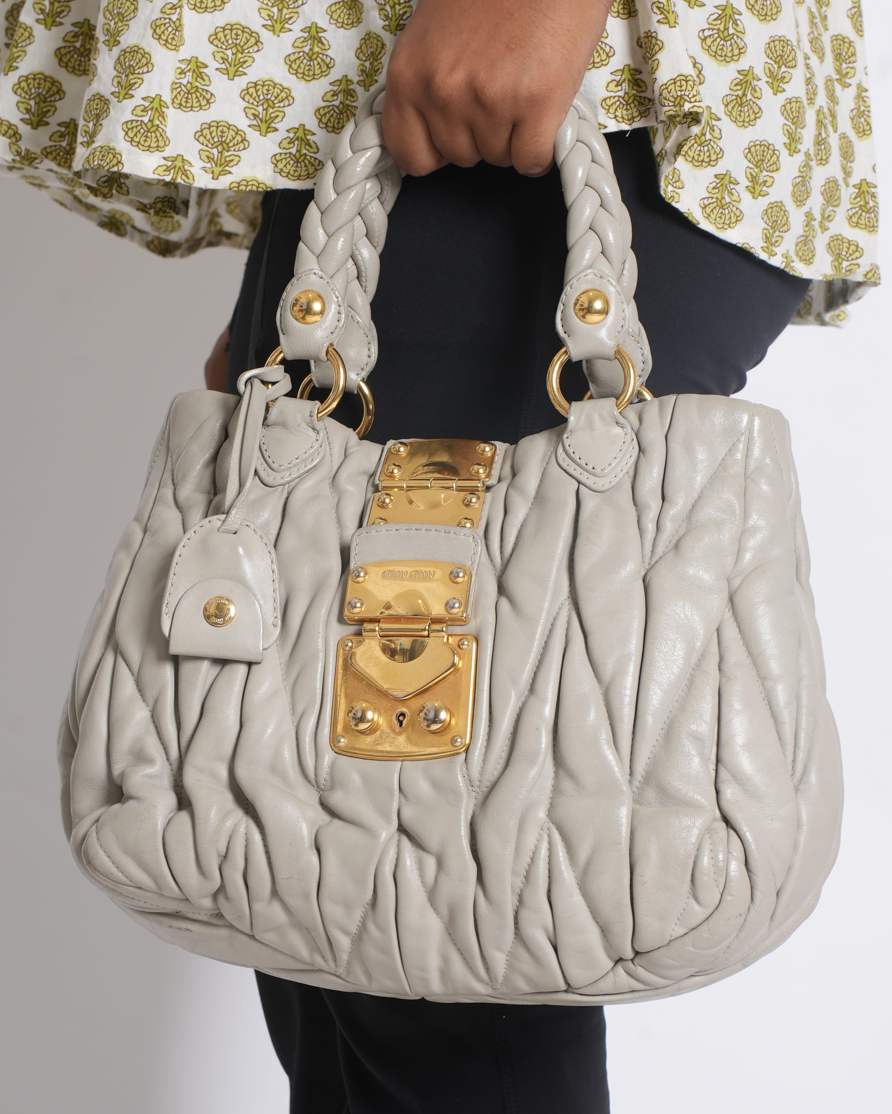 Miu Miu Matelassé Leather Satchel in Grey